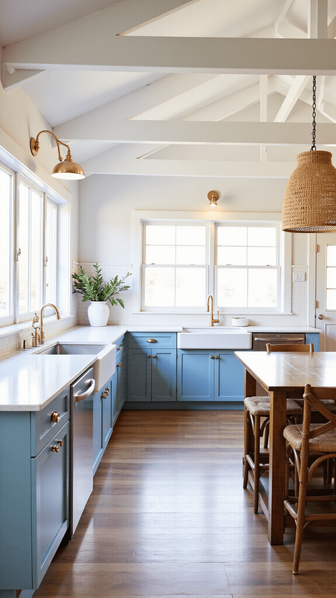 Bright and serene coastal kitchen with vaulted ceilings, powder blue cabinets, white quartz countertops, and weathered oak flooring under warm, natural lighting featuring ceramic vases with eucalyptus decor and vintage bar stools.