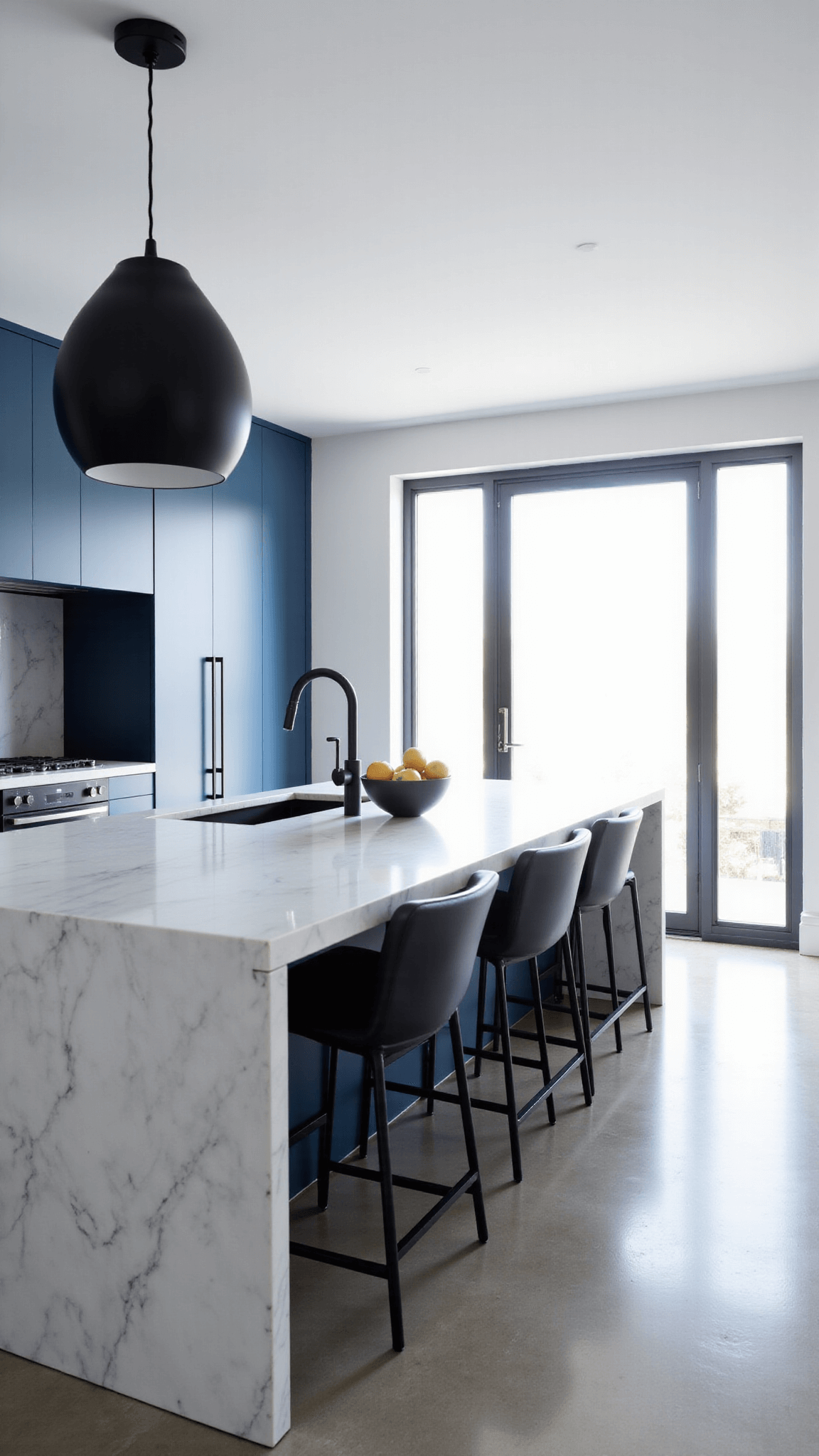 Above view of a modern minimalist kitchen with powder blue cabinets, white waterfall marble island, integrated appliances and polished concrete floors bathed in morning light.