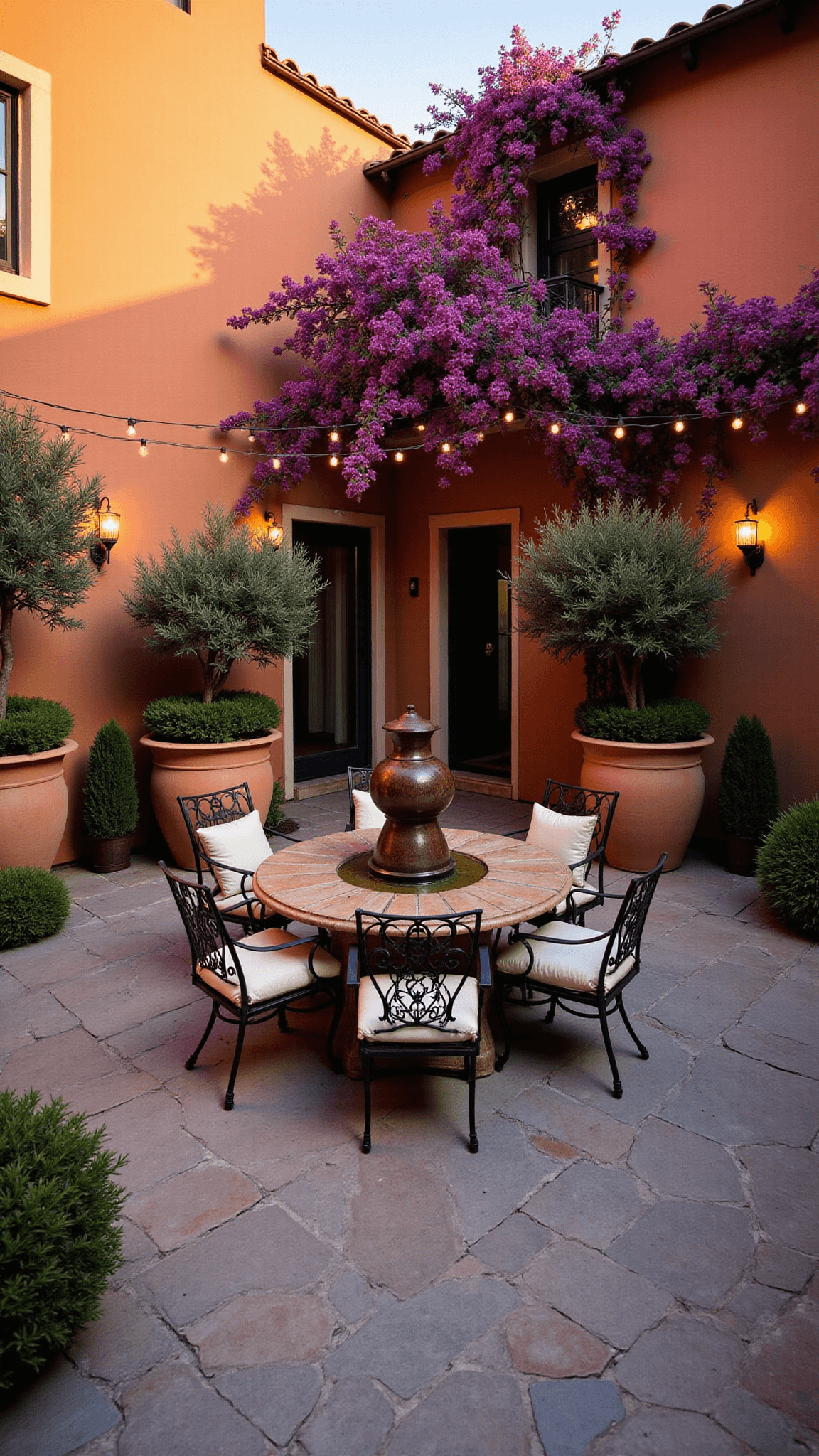 Mediterranean courtyard at sunset featuring terracotta walls with bougainvillea, central fountain, wrought iron dining set, terracotta pots with olive trees and lavender, draped amber string lights, and warm earth tones with soft blues.