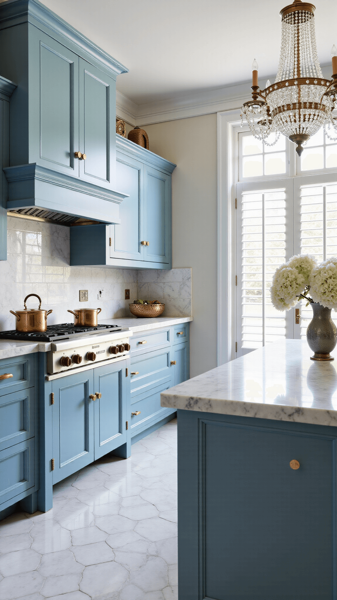 Elegant traditional kitchen with powder blue cabinets, carrara marble counters, hexagonal floor tiles, and crystal chandelier over island, softly lit by afternoon light through plantation shutters.