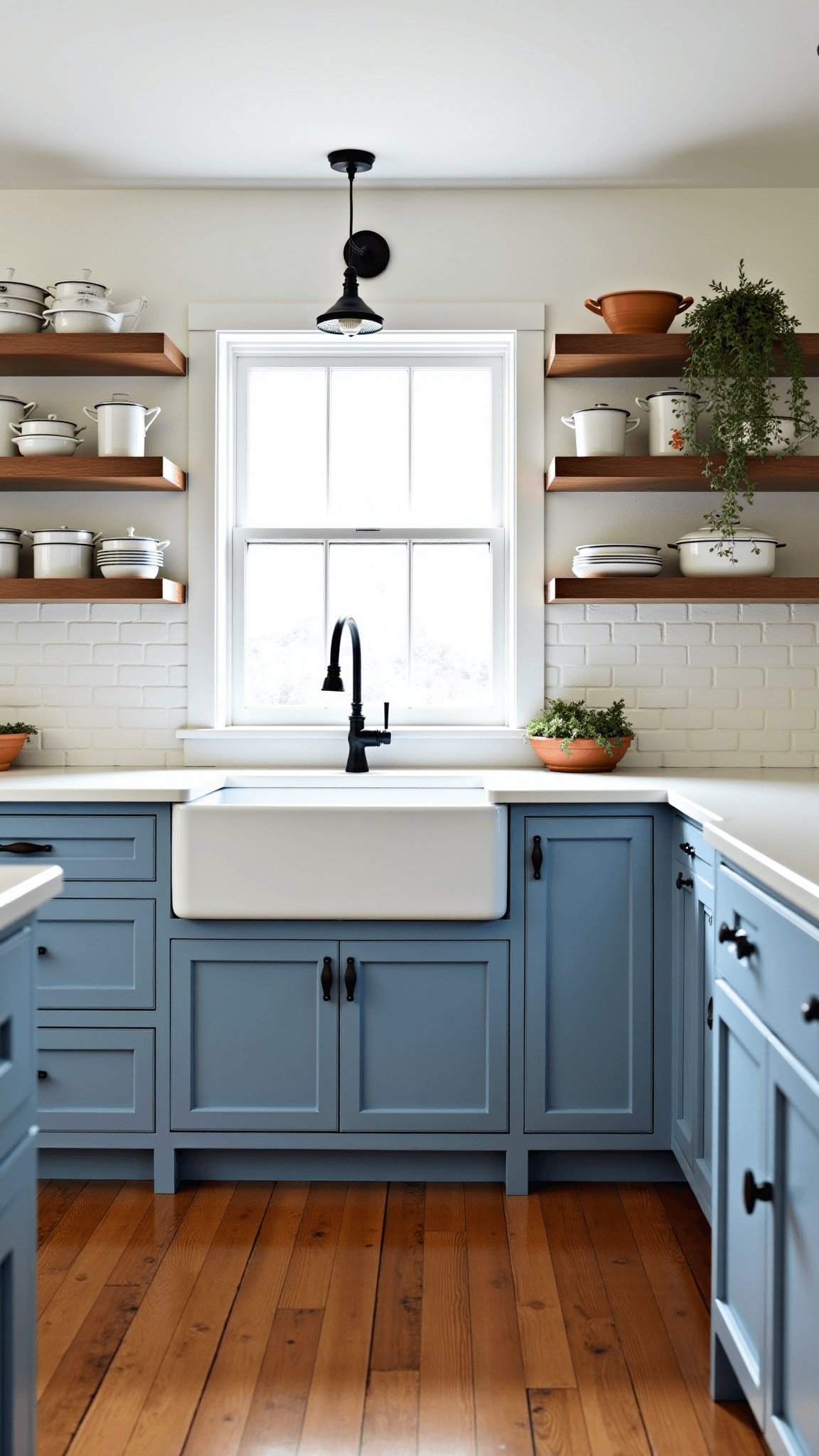 Rustic farmhouse kitchen with powder blue beadboard cabinets, white ceramic sink, reclaimed wood open shelves with ironstone collection, pine plank floors, and brick backsplash under dawn light.