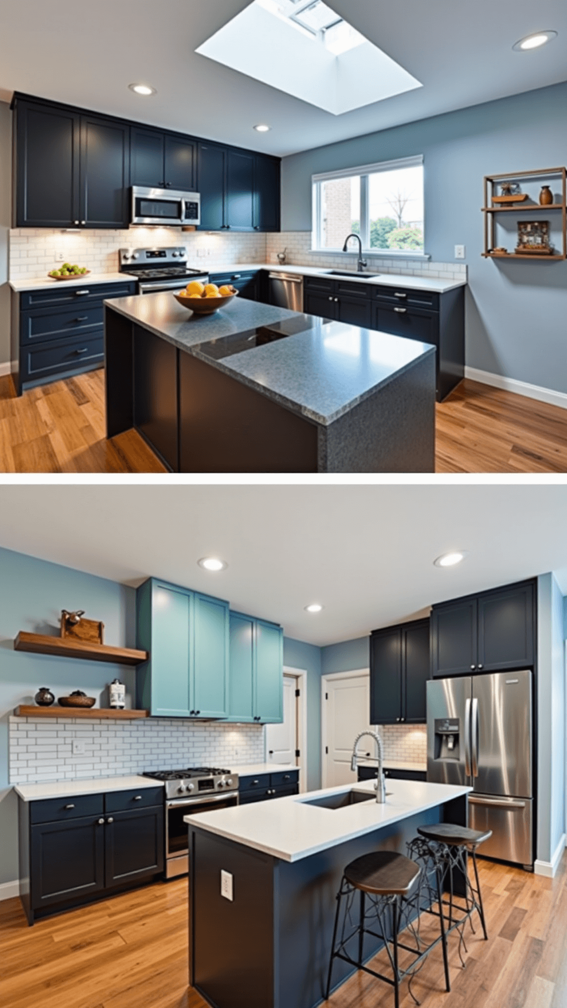 Contemporary kitchen with two-tone powder blue and charcoal cabinets, a quartz waterfall island, warm walnut floors, and chrome fixtures under skylight. View includes glass backsplash, modern art, architectural fruit bowl, and floating shelves.