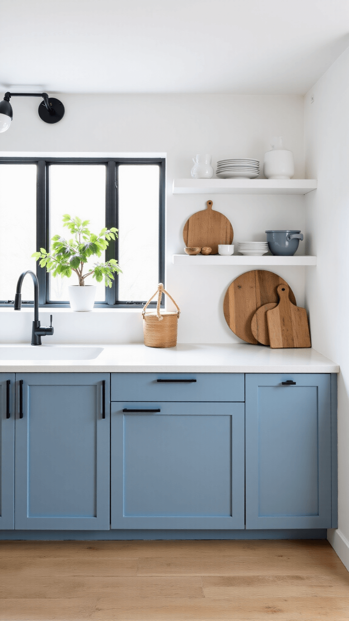 Scandinavian-inspired kitchen with powder blue cabinets, pale ash floors, and white counters, accented by black lighting fixtures and adorned with wooden cutting boards, white ceramics, and a potted fiddle leaf fig, bathed in soft, diffused northern light.