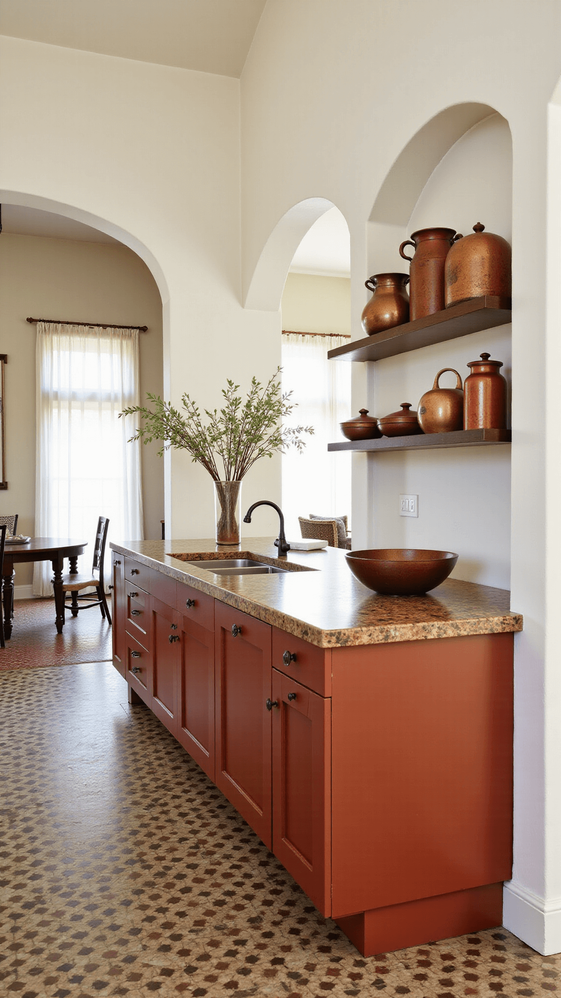 Elevated view of a spacious 18'x22' Mediterranean inspired open-concept kitchen with terracotta and cream cabinets, arched doorways, geometric cement floor tiles, and copper cookware on open shelving backlit by afternoon light filtering through gauzy curtains.