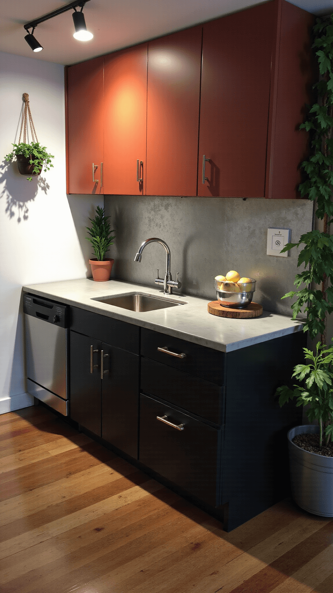 Compact urban organic kitchen with industrial elements, two-toned terracotta and charcoal cabinets, concrete countertops, metallic backsplash, and hanging plants in the evening light.