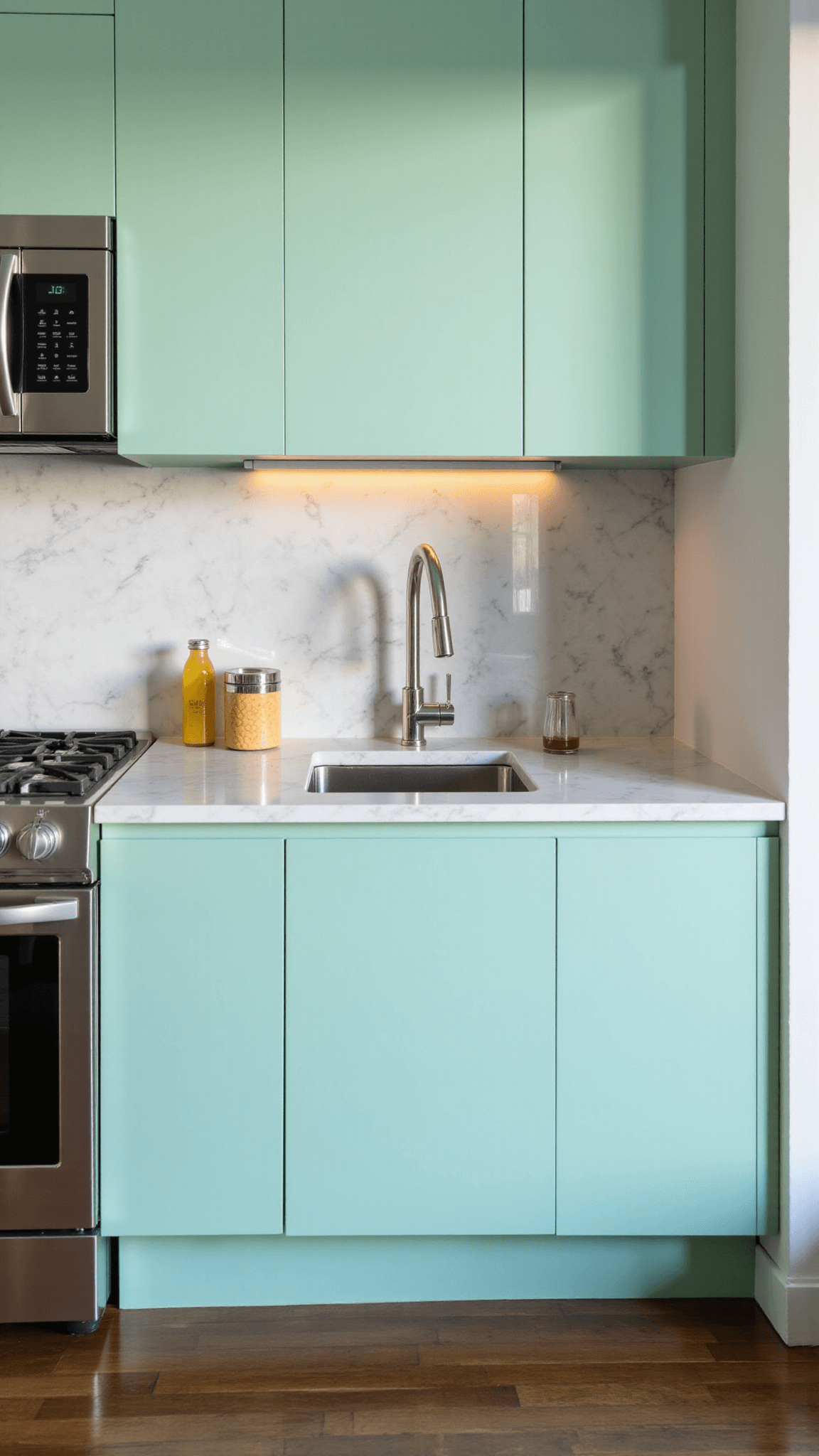 High-gloss mint cabinets in sleek 12x18ft urban kitchen with Calacatta marble backsplash, stainless steel appliances, chrome hardware, under-cabinet LED lighting, and dynamic shadows from evening golden hour light.