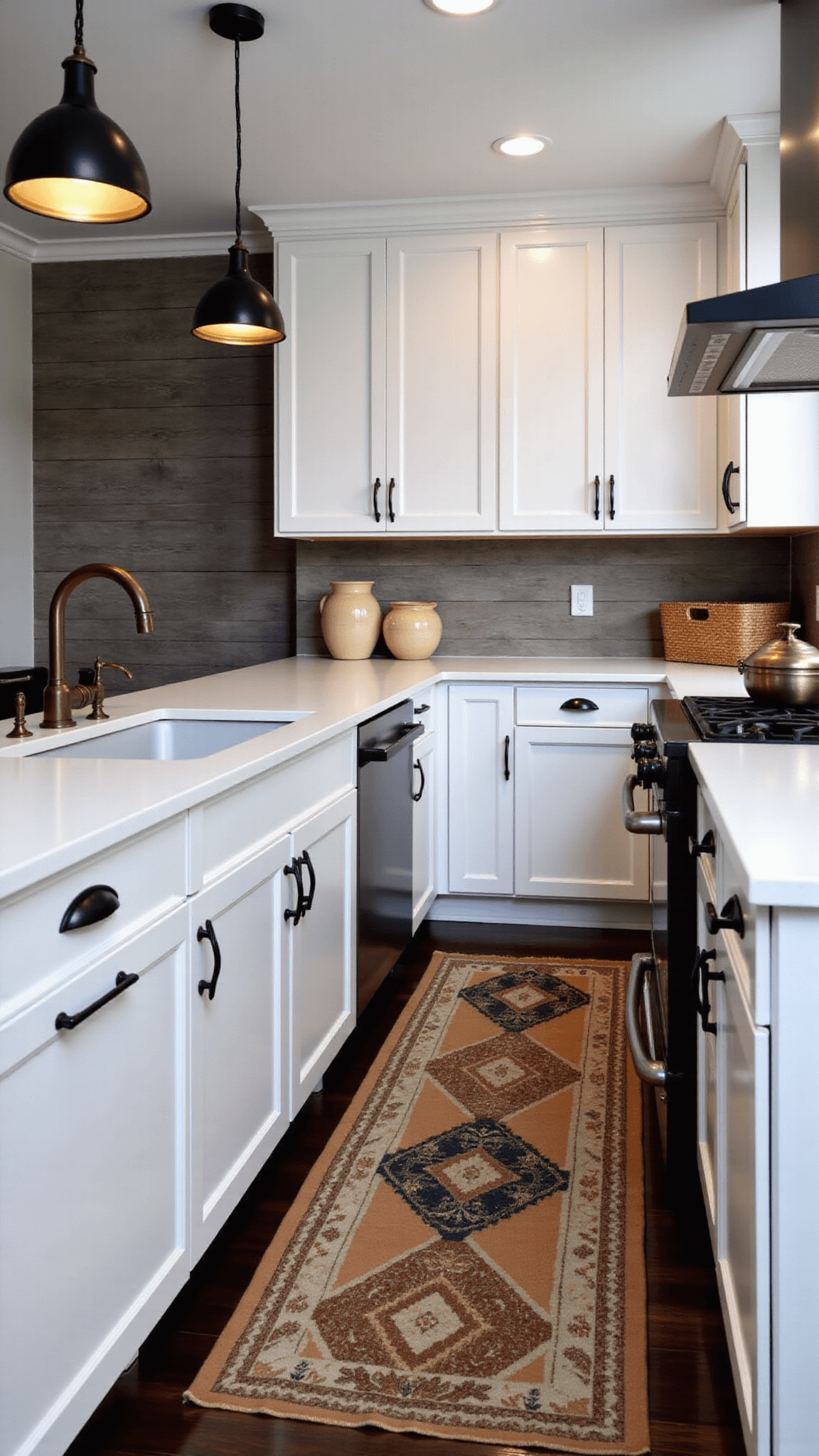 Intimate galley kitchen with white cabinets, gray oak wall, moody dusk lighting, quartz counters, and mixed metal accents; decorated with woven baskets, ceramic crocks, and vintage rugs.