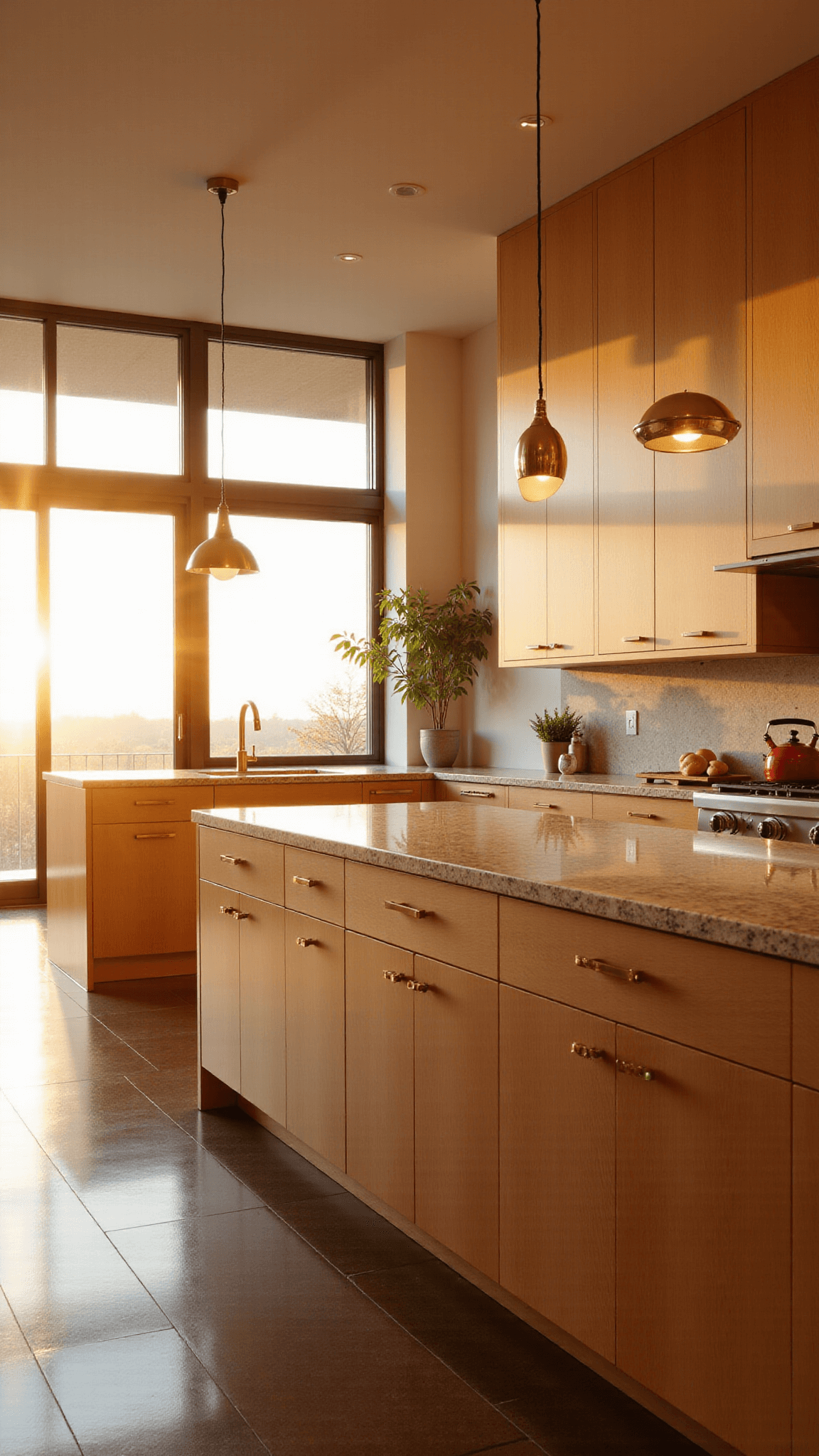 Spacious open-concept modern pale oak kitchen bathed in golden sunset light, featuring quartzite countertops, brass hardware, pendant lights, and a center island.