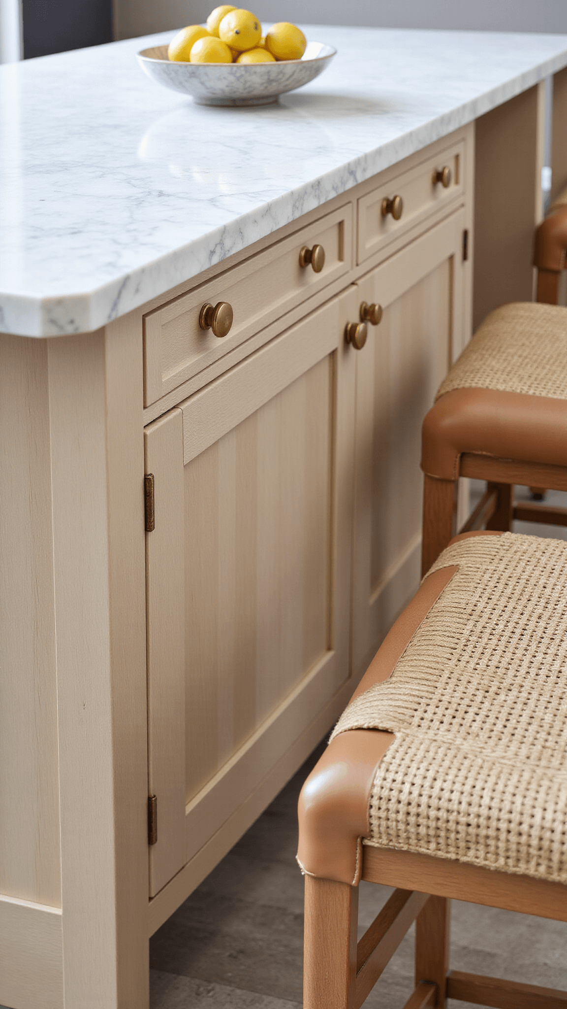 Close-up view of a 6x8ft Pale Oak kitchen island with Taj Mahal quartzite edges, vintage brass pulls, and woven leather barstools, styled with a marble bowl of citrus, shot in afternoon light.