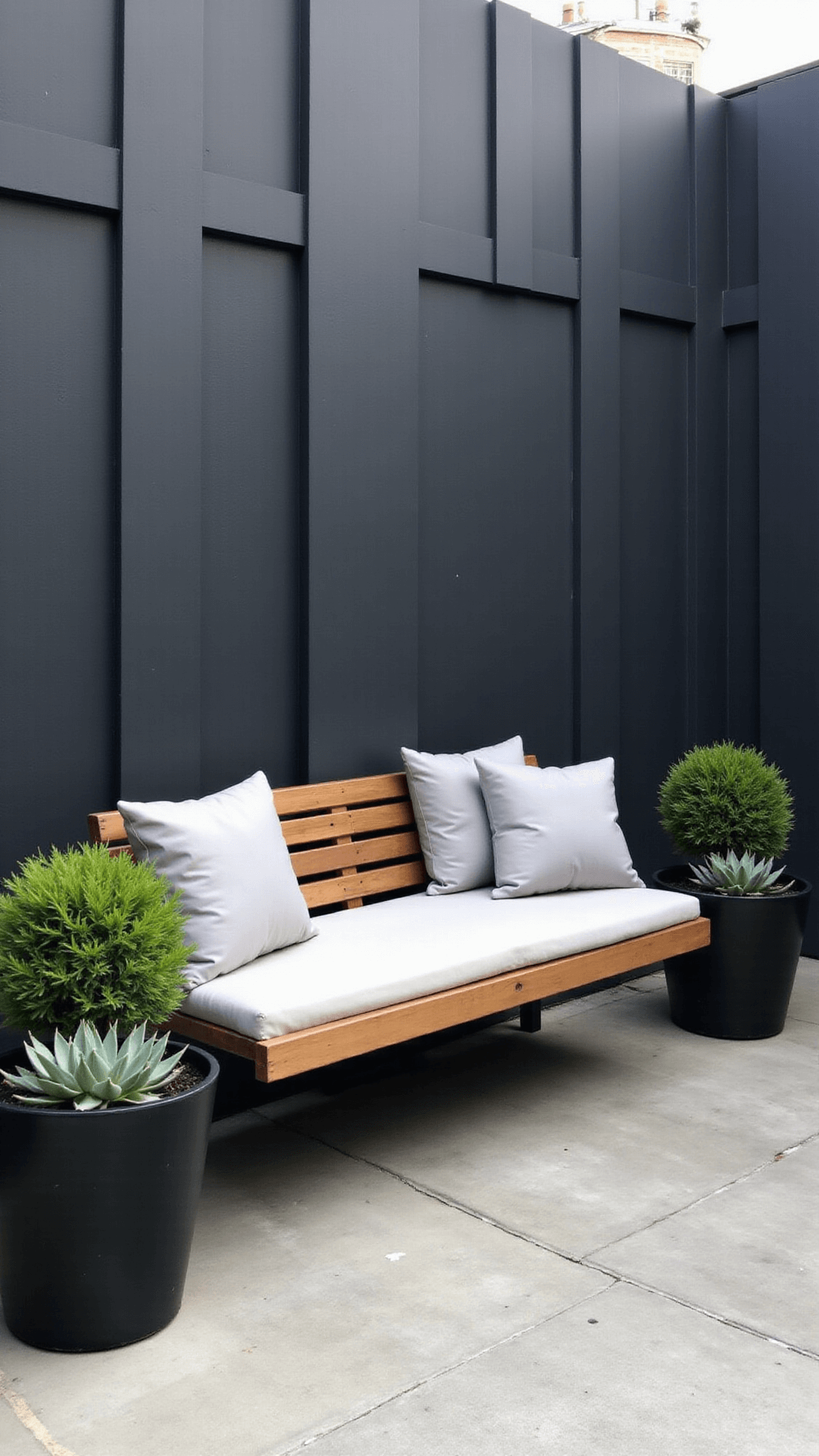 High-angle view of a minimalist concrete courtyard at dawn with sleek gray walls, vertical garden panels, a wooden bench with gray cushions, large black planters with succulents, and reflecting polished concrete floors.