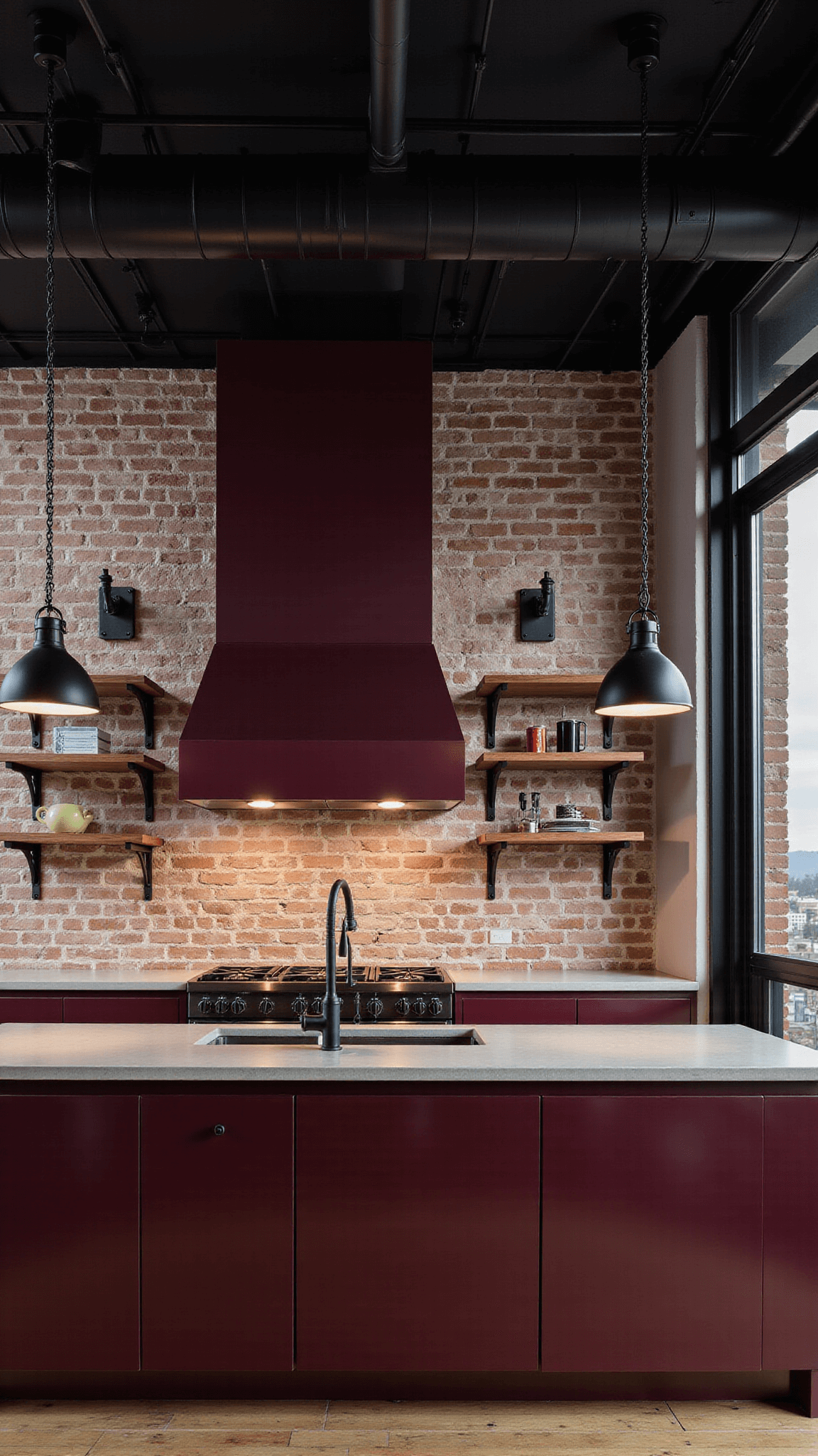 Overhead view of a loft kitchen at dusk featuring burgundy cabinets, exposed brick walls, metal ductwork, concrete countertops, black iron open shelving and vintage factory pendants, illuminated by LED strip lights.