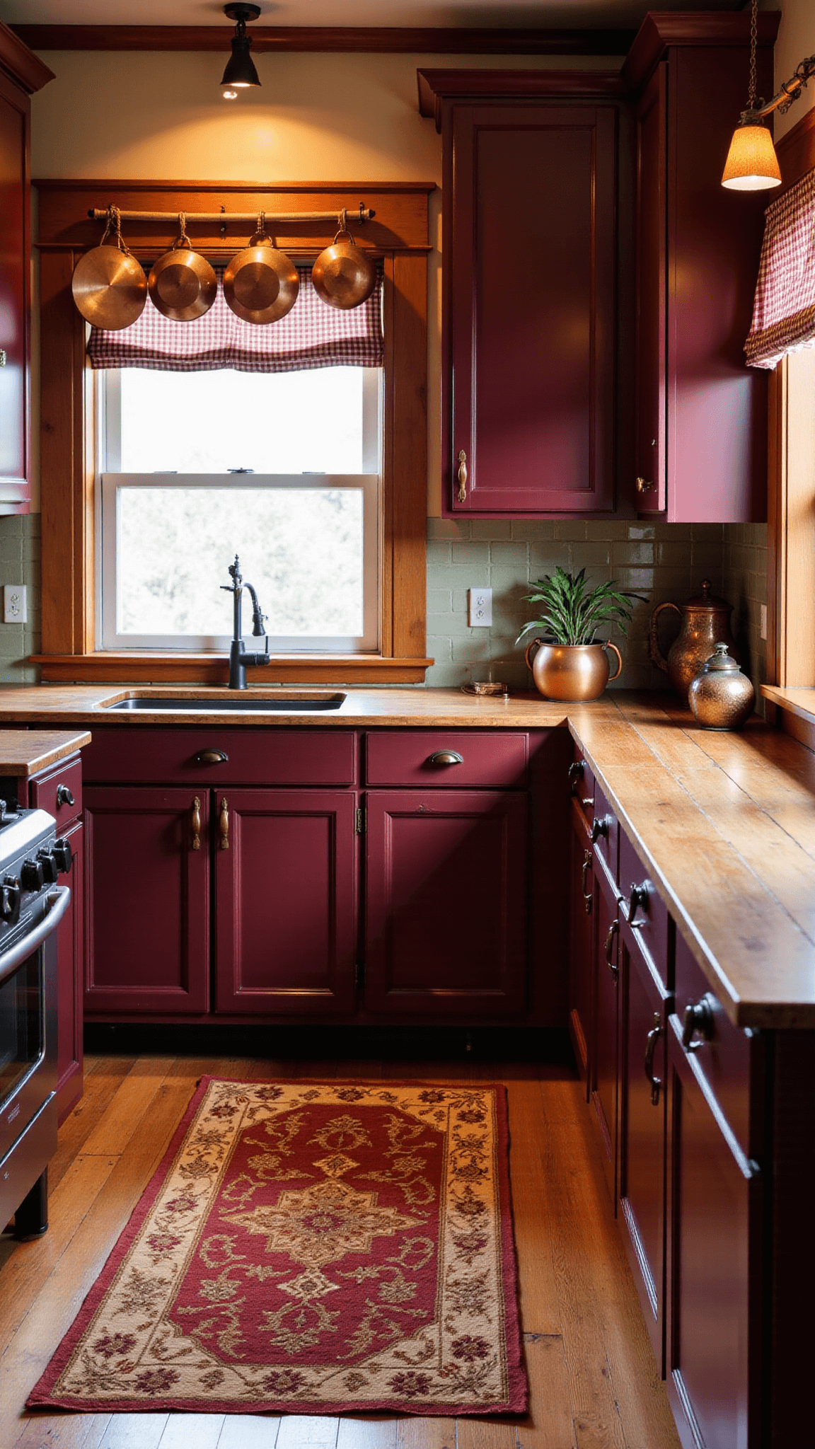 Country kitchen at sunset, warm light filtering through gingham curtains shines on burgundy cabinets with leather handles, reclaimed wood countertops, hanging copper pots and vintage rugs.