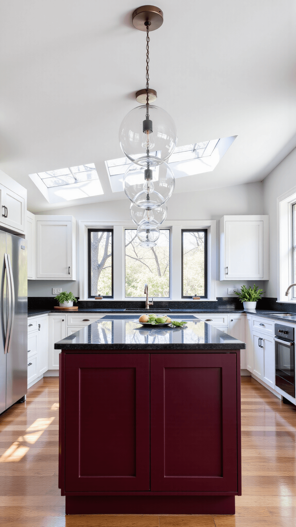 Modern 20x22ft kitchen with a burgundy island under glass globe pendants, framed by white cabinets and black granite countertops, lit by natural morning light through skylights, in a dramatic overhead shot.