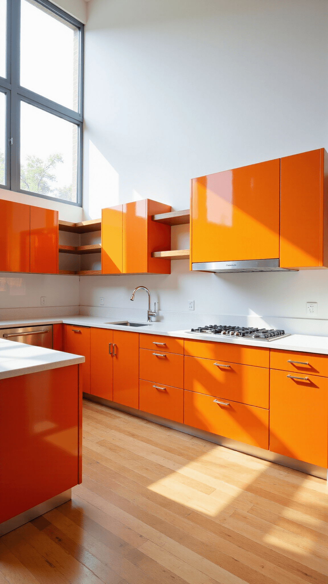 Bright, modern kitchen with glossy tangerine cabinets, white quartz countertops, light bamboo floors, and stainless steel appliances, bathed in natural sunlight from floor-to-ceiling windows.