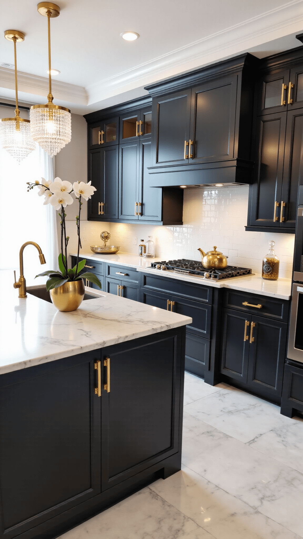 Luxe contemporary kitchen with high-gloss charcoal cabinets, gold hardware, white marble countertops, marble flooring, crystal chandelier, professional-grade appliances, and decorated with gold orchid vessels and crystal decanters.