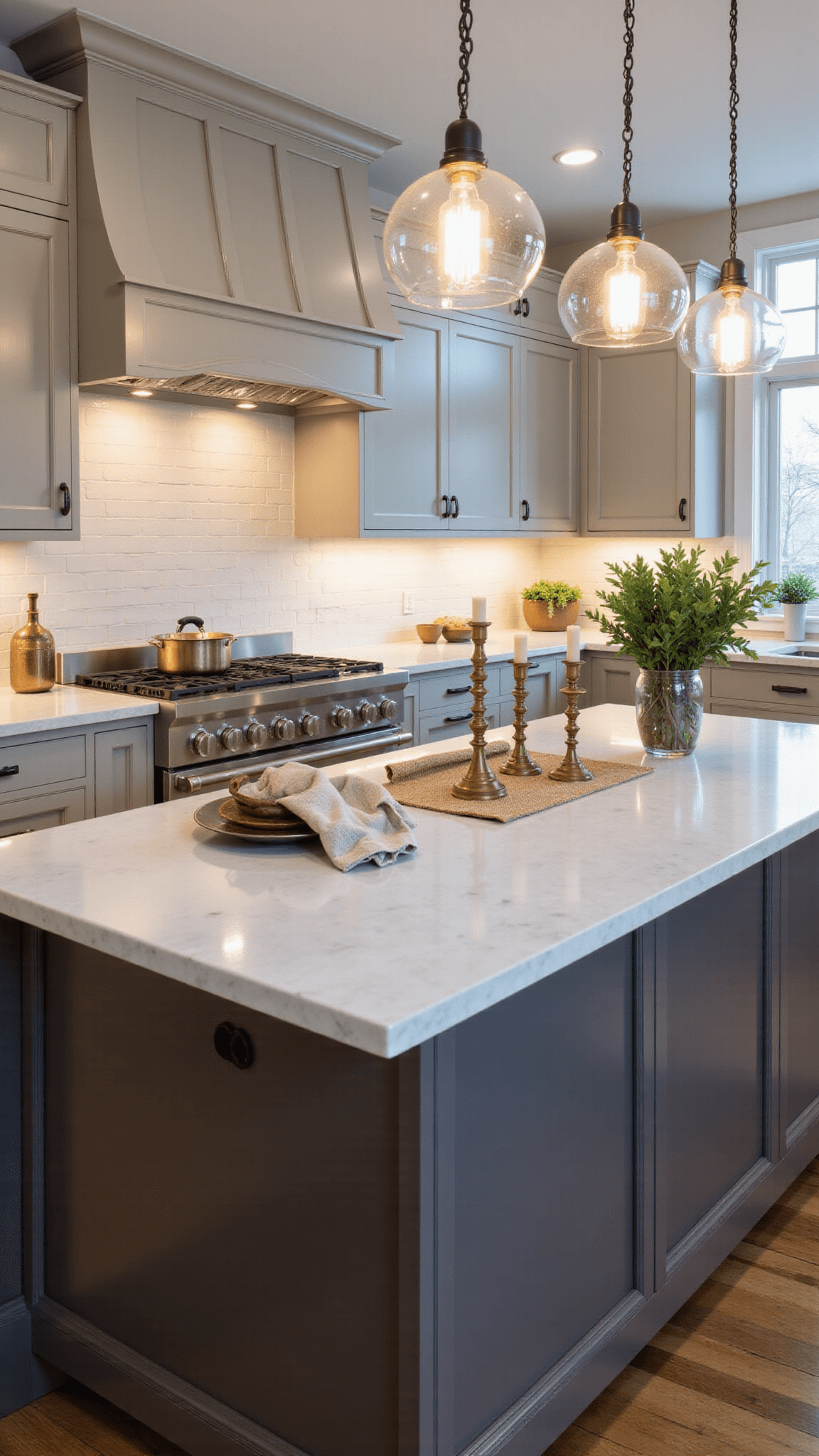 Warmly lit transitional kitchen with taupe cabinets, white quartzite counters and vintage-inspired glass pendants, featuring a styled island with brass candlesticks, ceramics and textured linens at dusk.