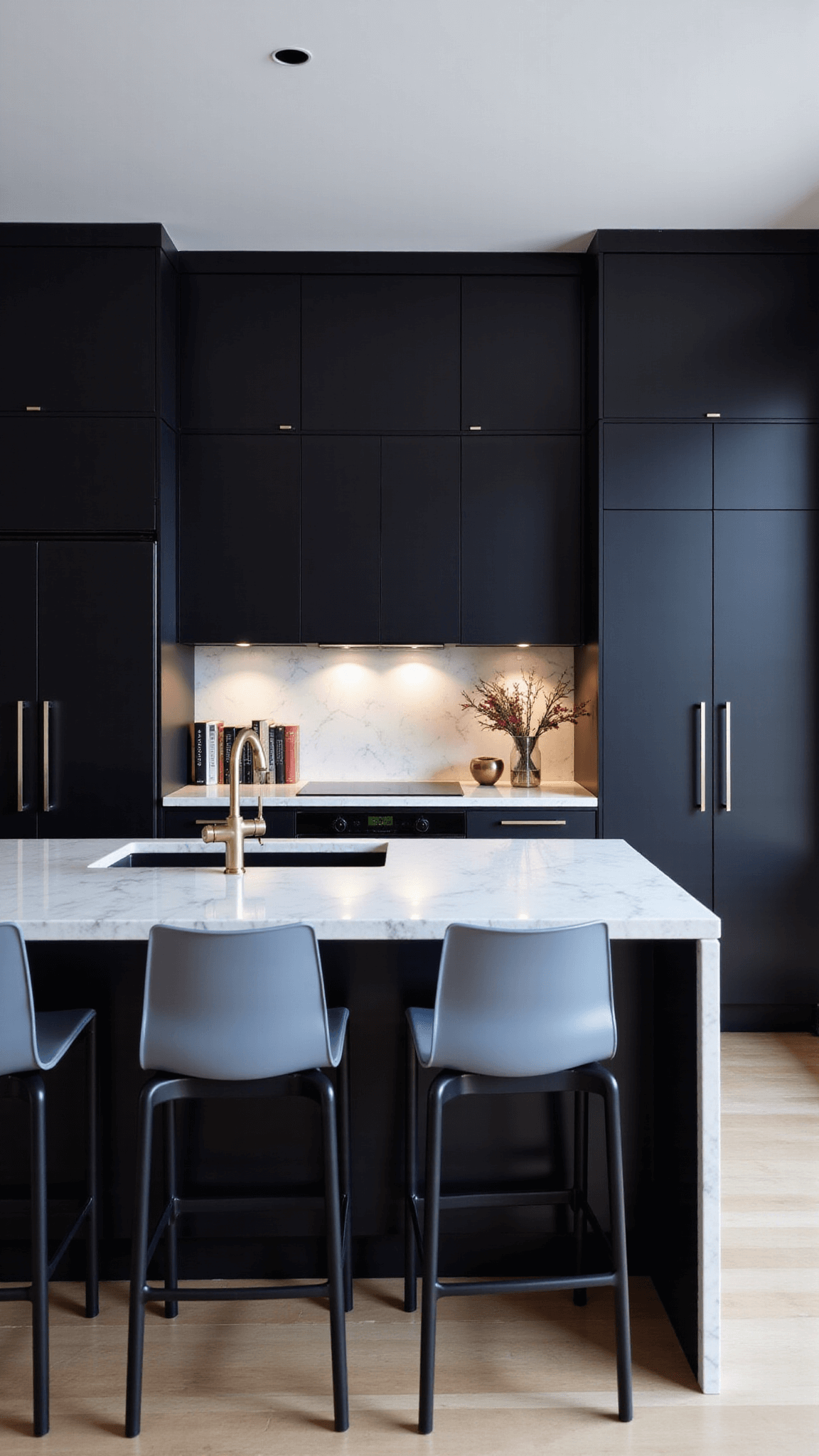 Modern open-concept kitchen with black cabinets and white marble island during blue hour, viewed from an elevated position.