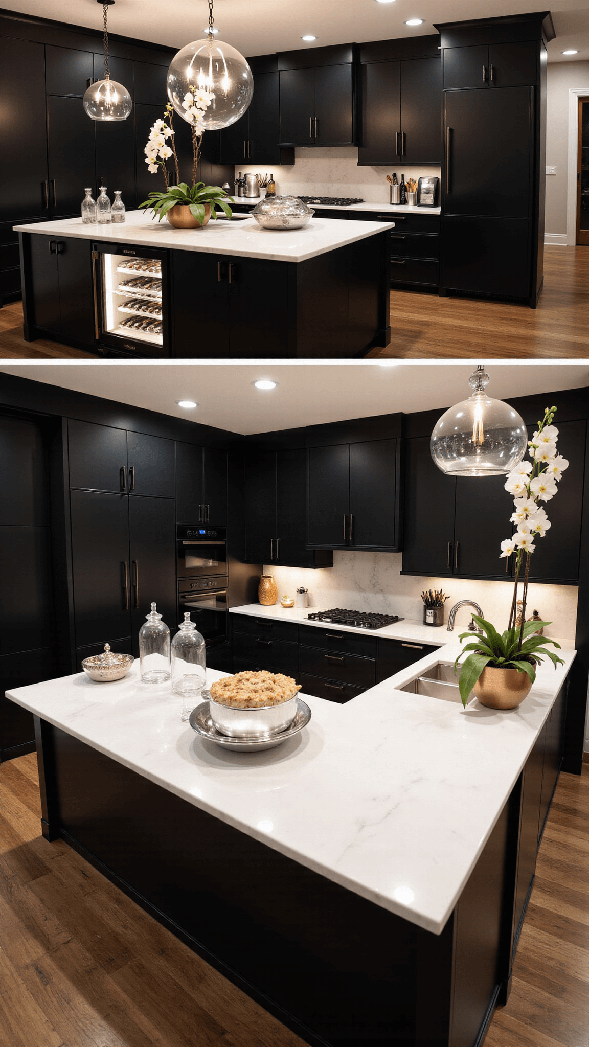 Aerial view of a grand 20x24ft entertainer's kitchen with floor-to-ceiling black cabinets, a massive center island with a built-in wine fridge, topped with white marble, under dramatic pendant lighting and styled with silver serving pieces and orchids.