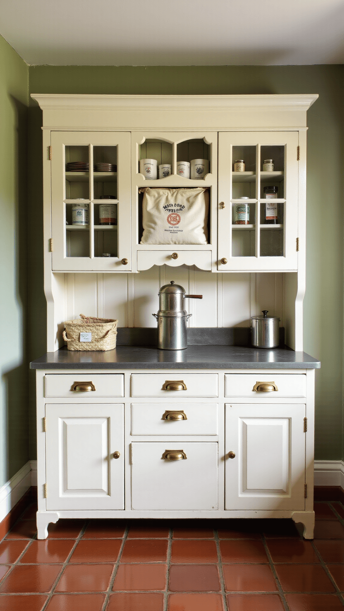 Vintage-inspired kitchen illuminated by warm afternoon light featuring a restored 1920s cream Hoosier cabinet with original zinc work surface, antique kitchen tools, and vintage flour sacks, set against sage green walls and terra cotta tiles.