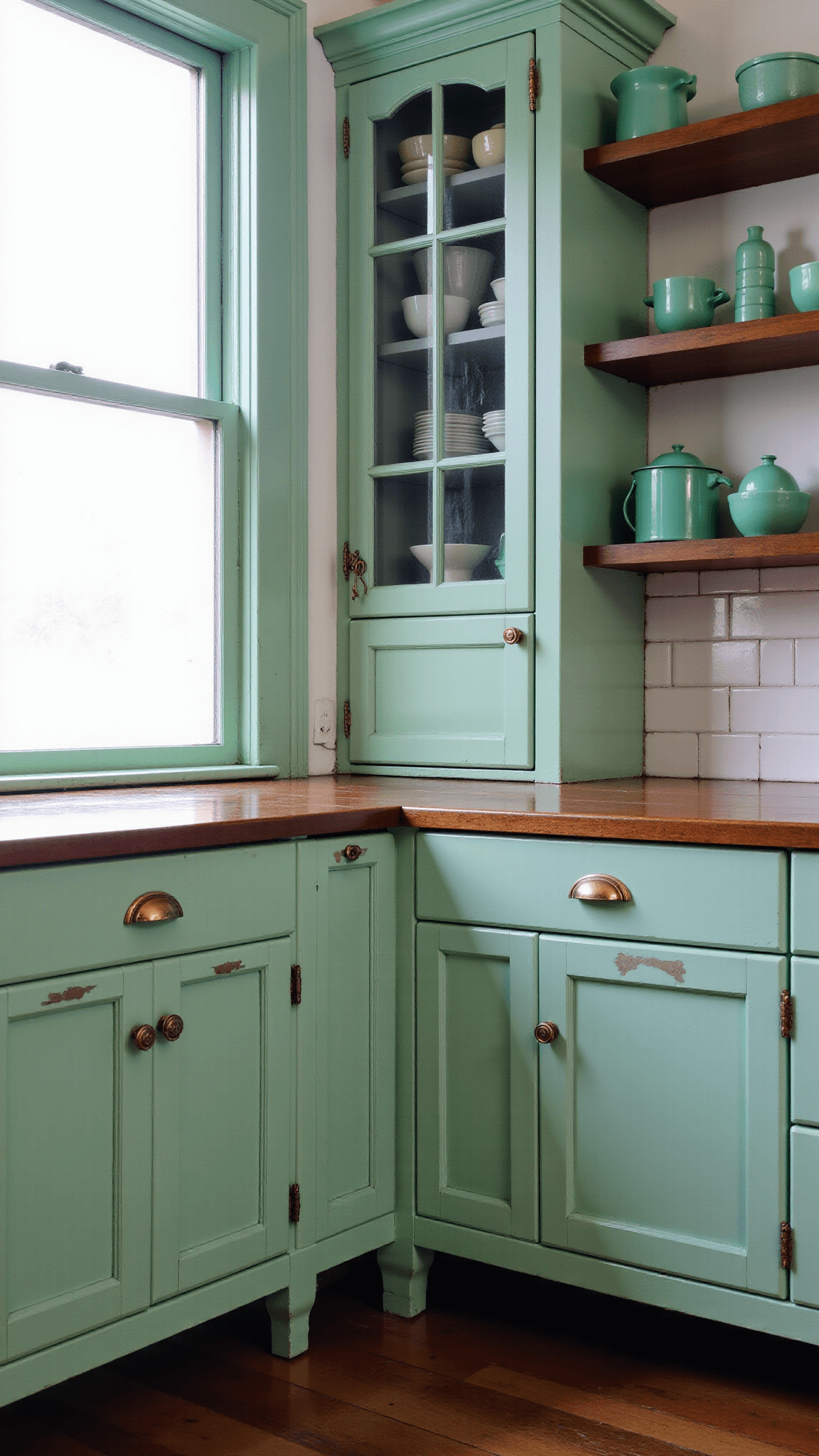 1930s kitchen with mint green corner cabinet, mullioned windows, vintage dishware, white subway tile backsplash, and aged brass hardware in soft dawn light.