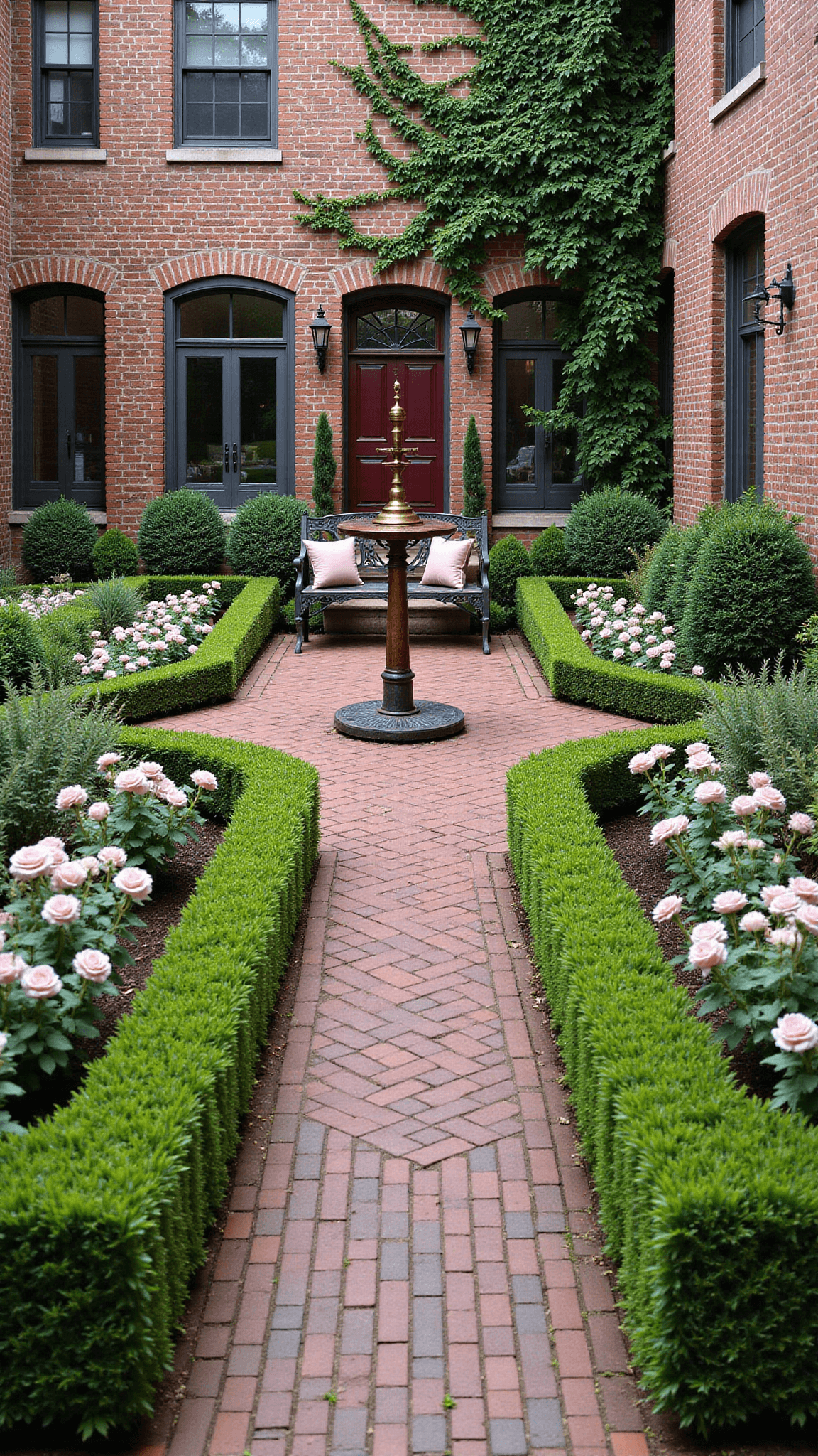 Mid-morning view of a traditional English garden with brick pathways, a central sundial, wrought iron bench with Morris-inspired cushions, boxwood hedges with pink roses and white phlox, aged brass lanterns, and climbing ivy in rich greens, deep reds, and weathered browns.