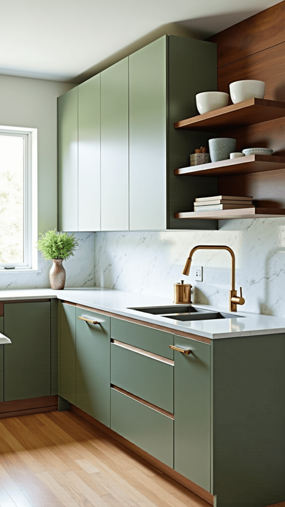 Contemporary kitchen with sage green cabinets, white quartz countertops, brass pendant lights over a waterfall island, walnut open shelving displaying ceramics, and a marble backsplash, bathed in morning light from floor-to-ceiling windows.