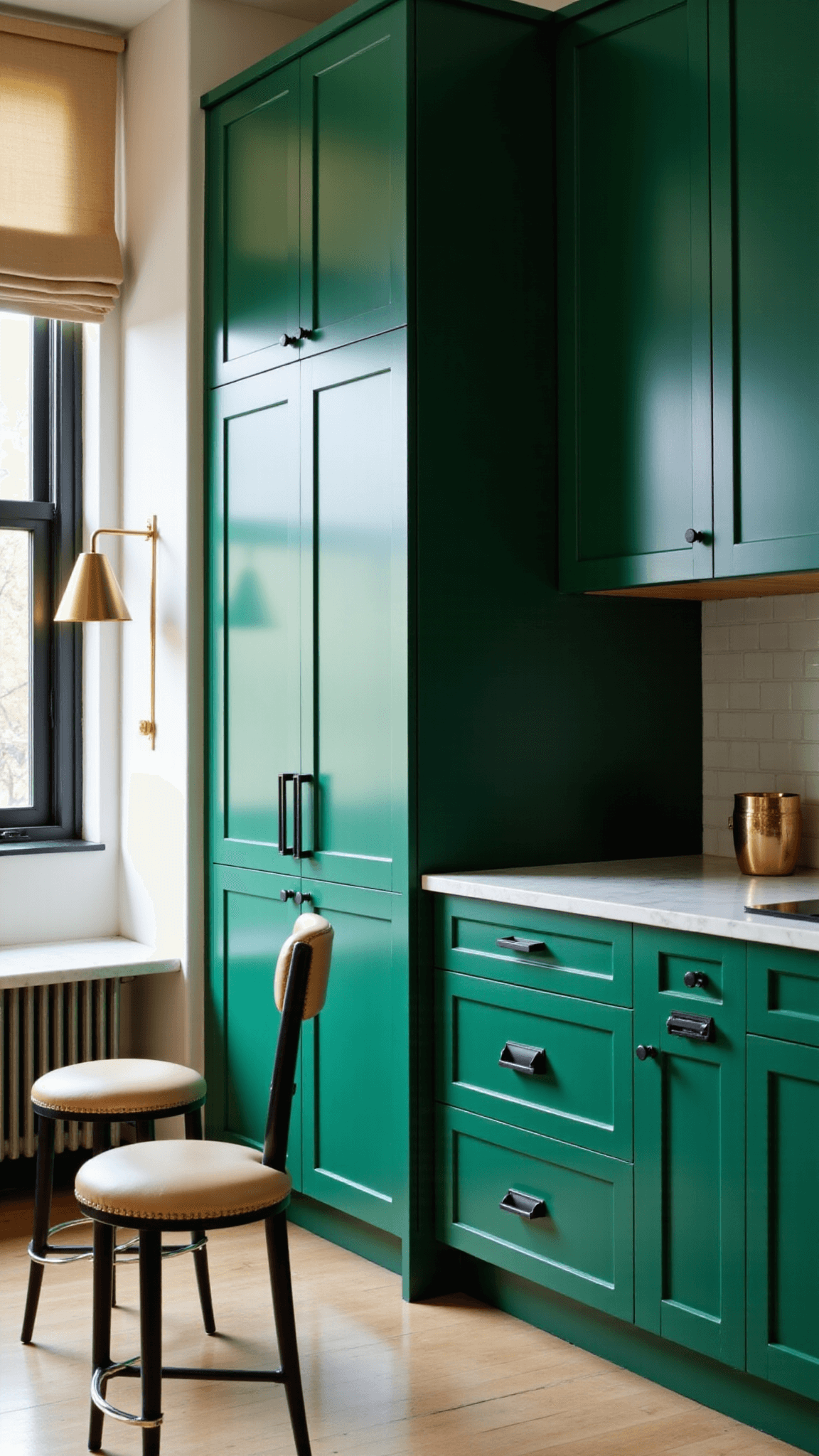 Emerald green kitchen with glossed cabinets, black hardware, white marble countertops, cream bar stools, and vintage brass sconces under golden-hour lighting