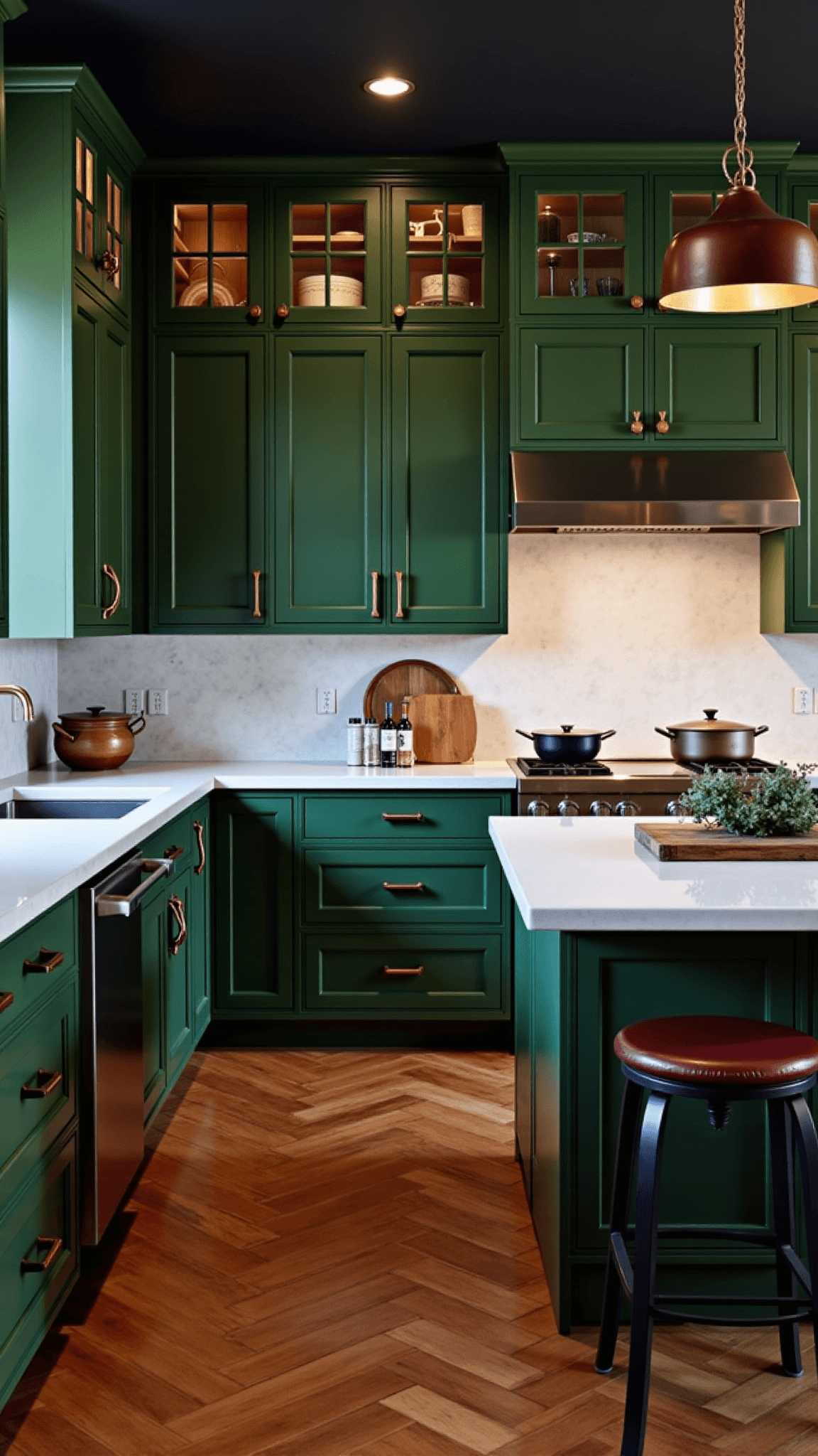Moody olive green kitchen with shaker-style cabinets, soapstone-topped center island, and atmospheric pendant lighting during blue hour