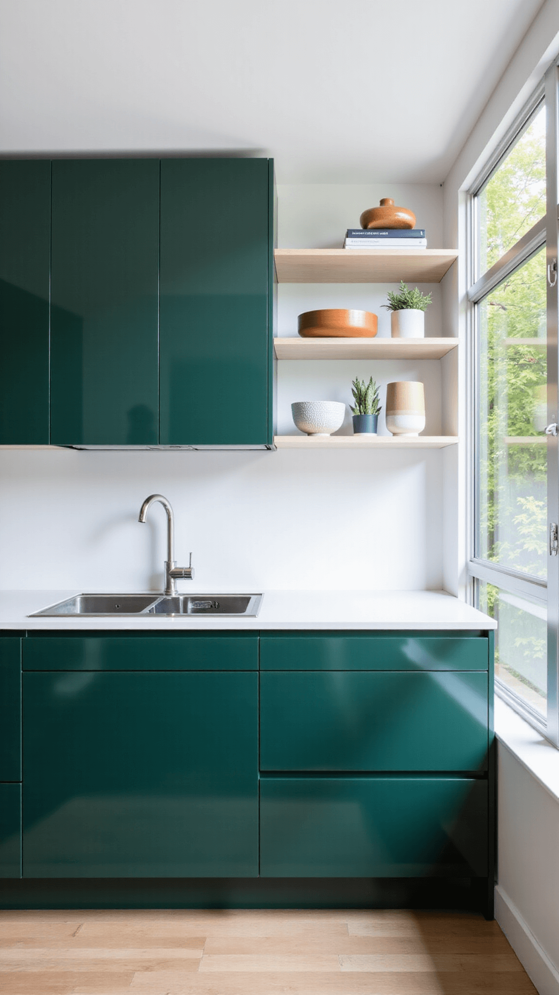 Minimalist kitchen with forest green cabinets, white countertops, integrated appliances, and Scandinavian ceramics on floating shelves in a 16x18ft open-concept space with mid-morning light coming through steel-framed windows
