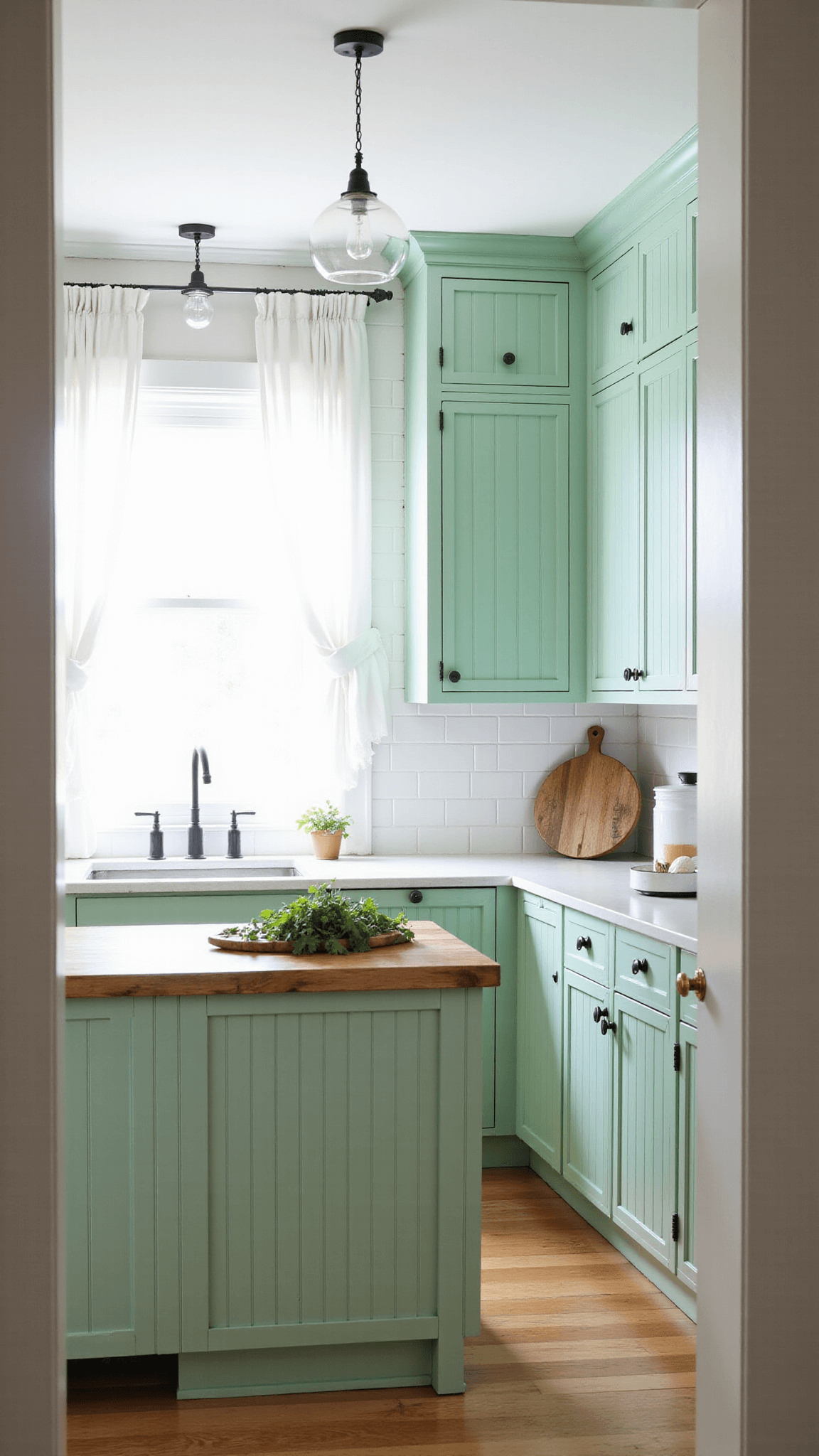 Mint green beadboard cabinets in a farmhouse-style kitchen with afternoon light filtering through cafe curtains, butcher block island topped with vintage enamelware and fresh herbs, with a white subway tile backsplash extending to the ceiling, accentuated by vintage-style glass pendants.