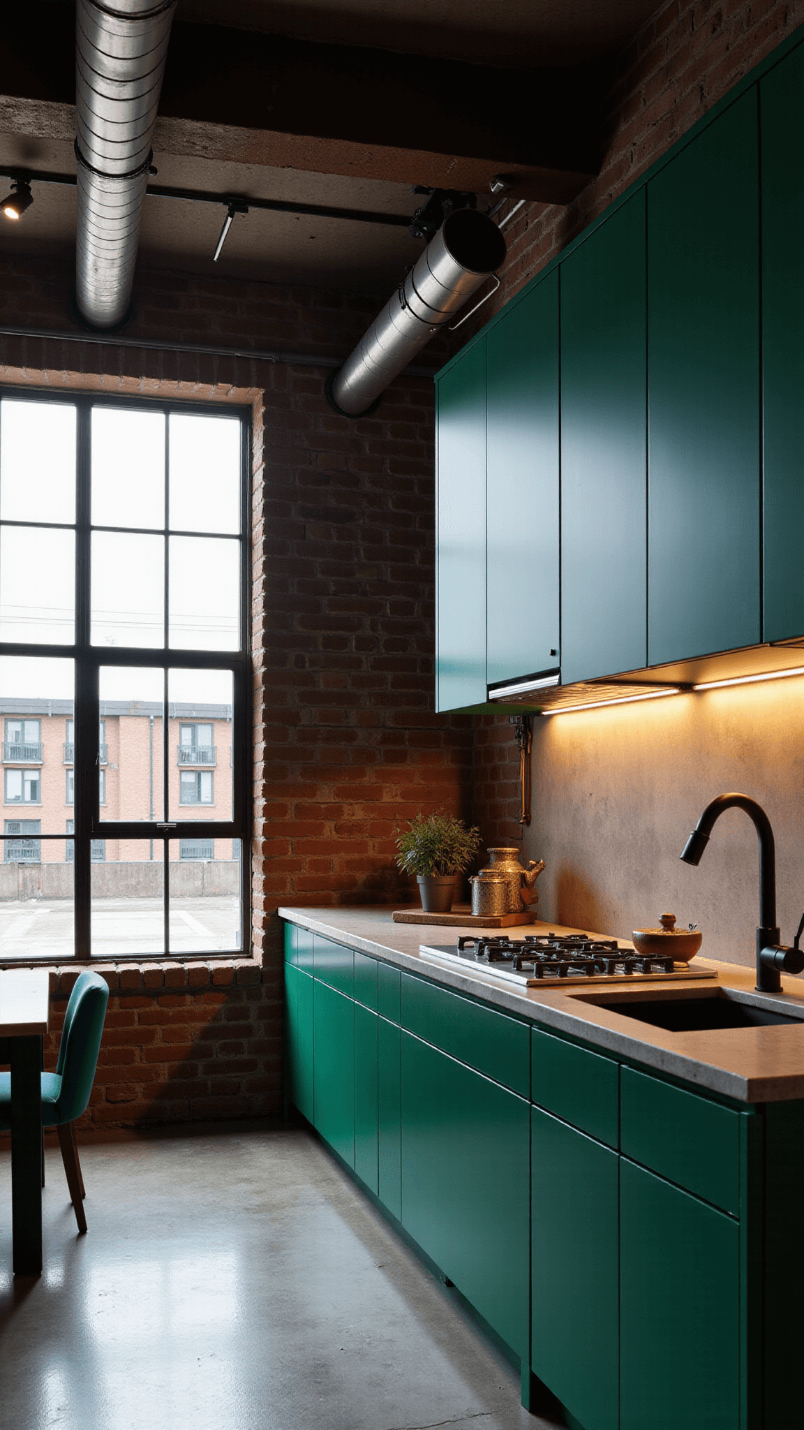 Modern dark green industrial kitchen in a loft space with oversized windows, concrete countertops, blackened steel details, tall ceiling with exposed ductwork, and ambient LED strip lighting