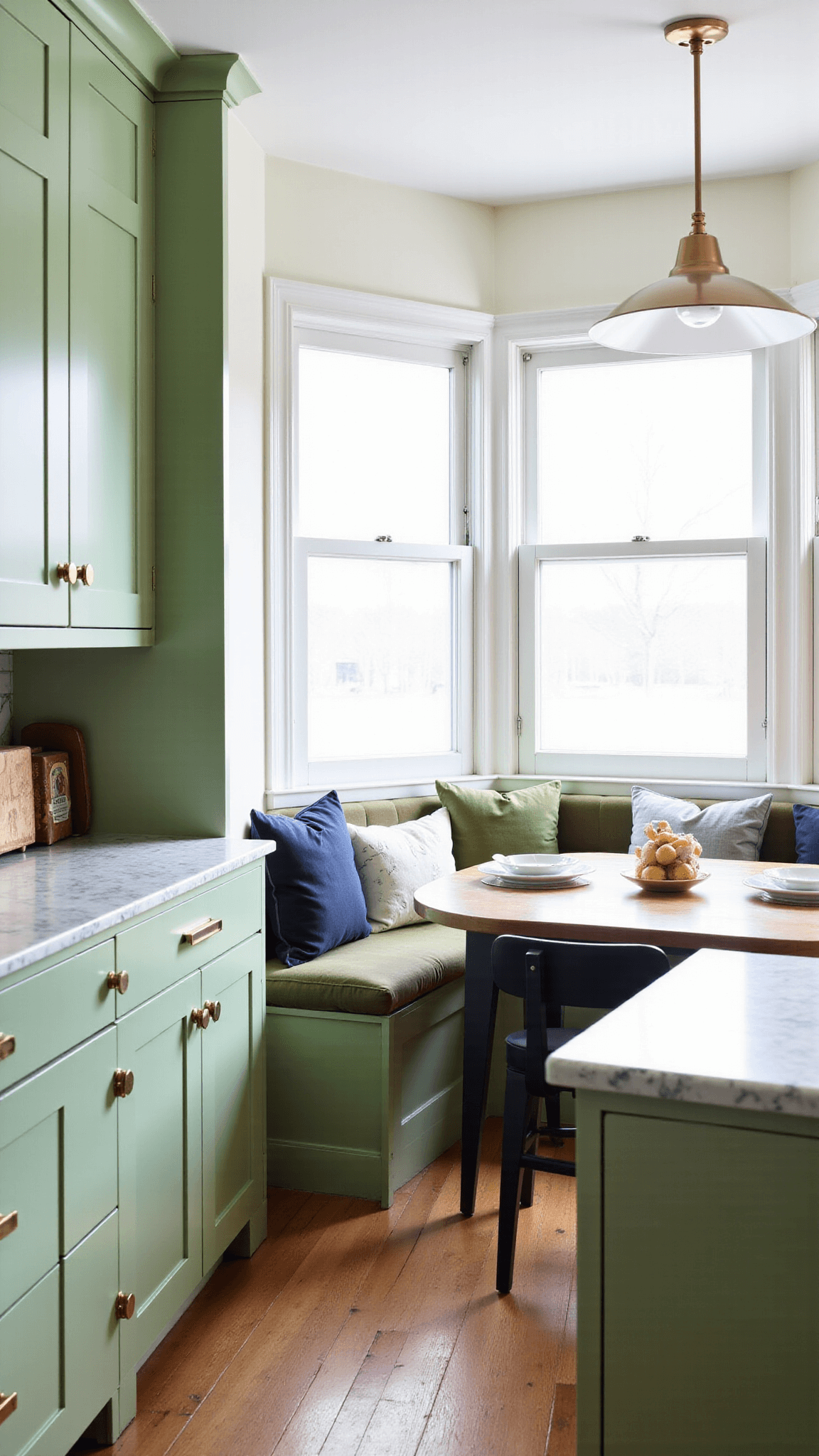 Transitional kitchen with pistachio green cabinets, marble countertops, brass hardware, and built-in banquette in soft morning light