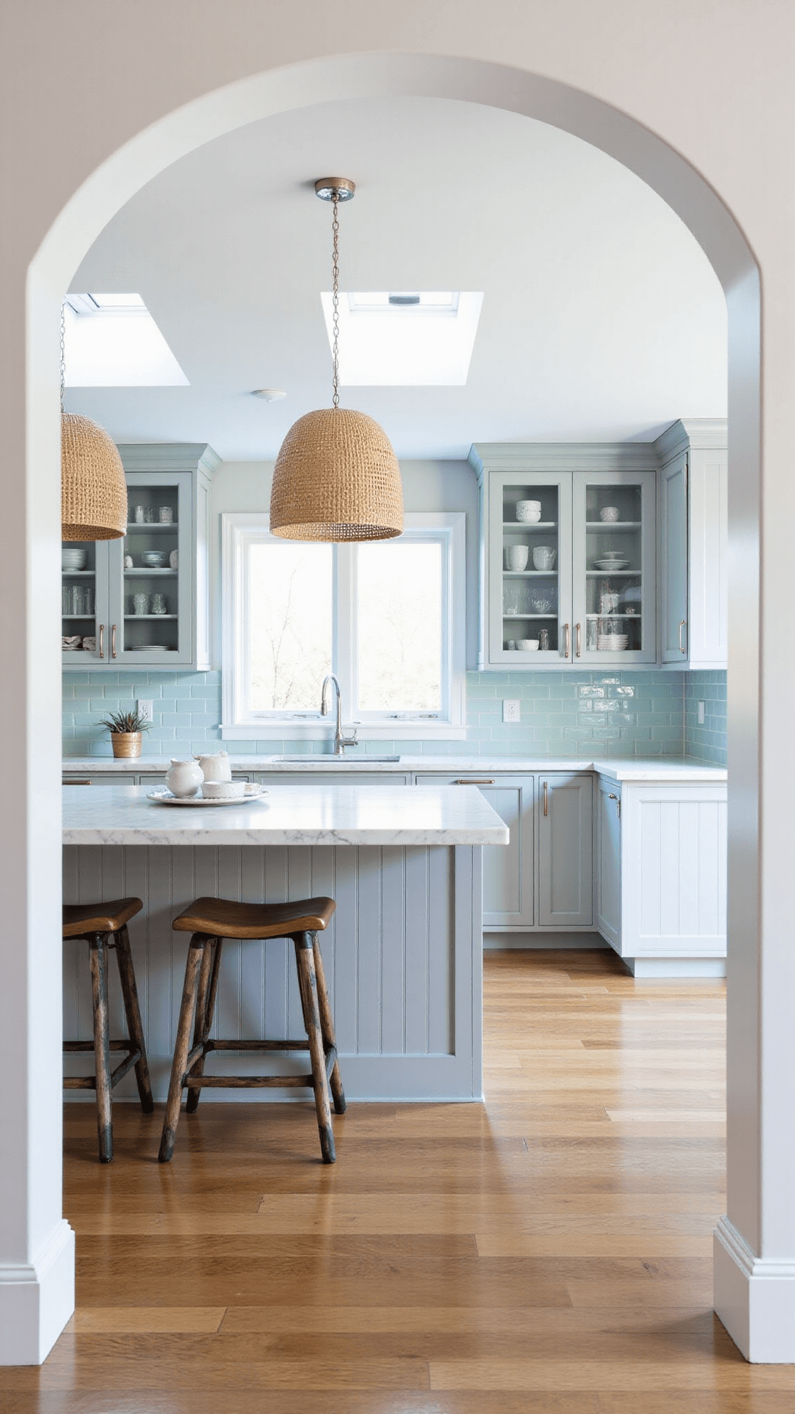 Coastal grey kitchen with light grey beadboard cabinets, white quartz waterfall countertops, rattan pendant lights, marble-topped island, sea glass collections in glass-front cabinets, and pale blue subway tile backsplash under skylights, viewed from entrance archway.