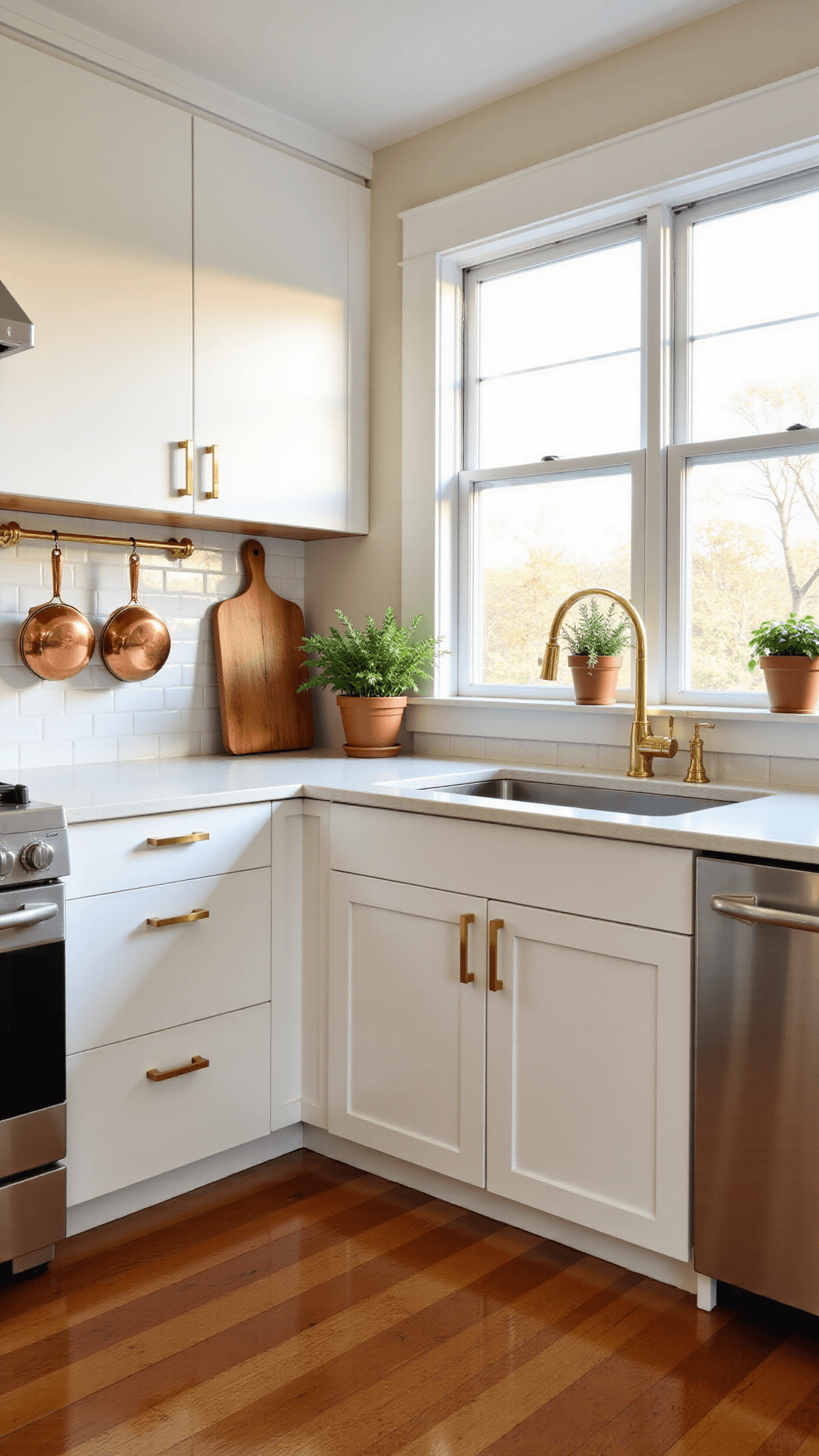 Sunny, spacious kitchen with white cabinets, Carrara marble backsplash, and warm oak flooring, styled with hanging copper pots, fresh herbs, and a vintage breadboard