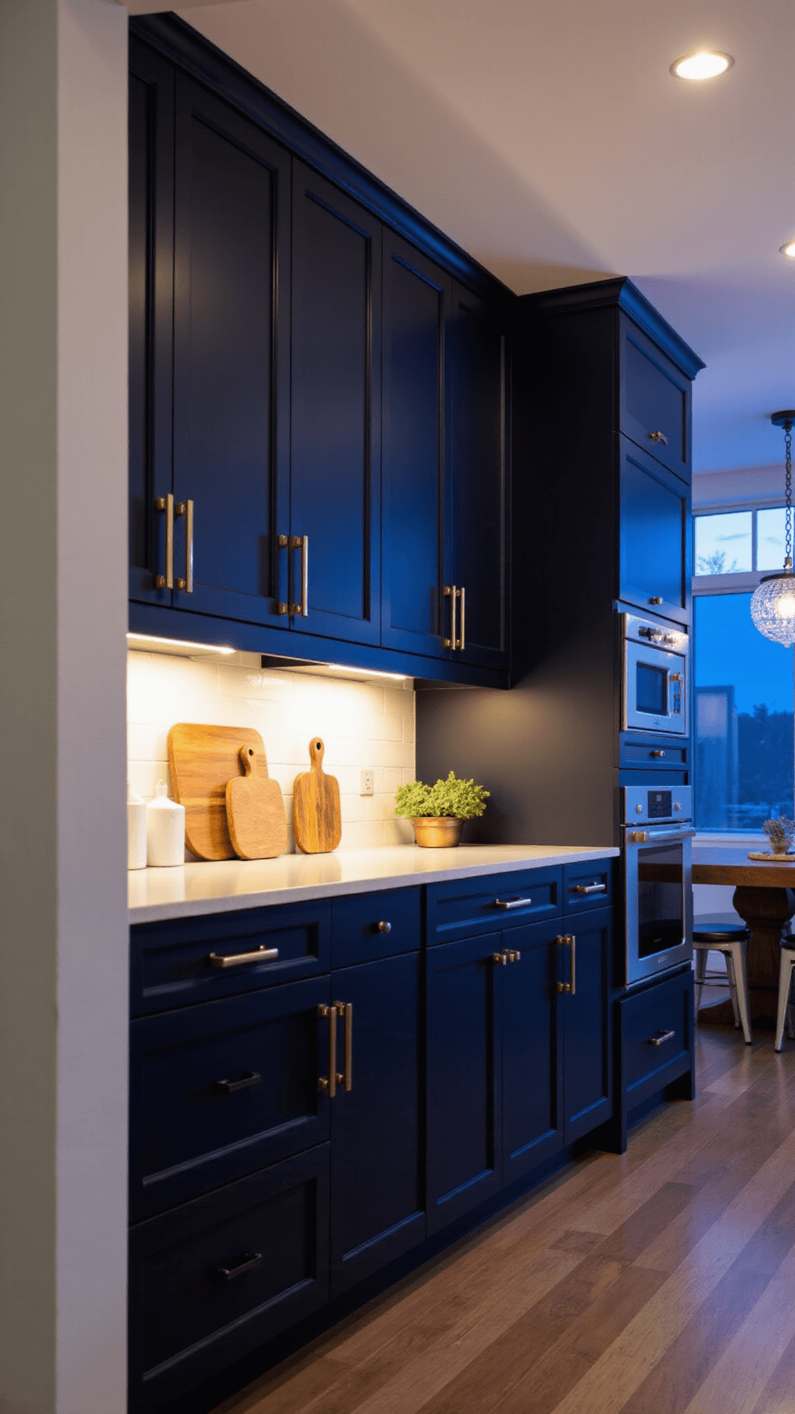 Dramatic evening kitchen with Westcott Navy cabinets, warm under cabinet lighting, brushed gold hardware, white quartz countertops, crystal pendant lights, white ceramic vessels, brass candlesticks, and dark wood cutting boards in a 14x16ft space with 10ft ceiling.