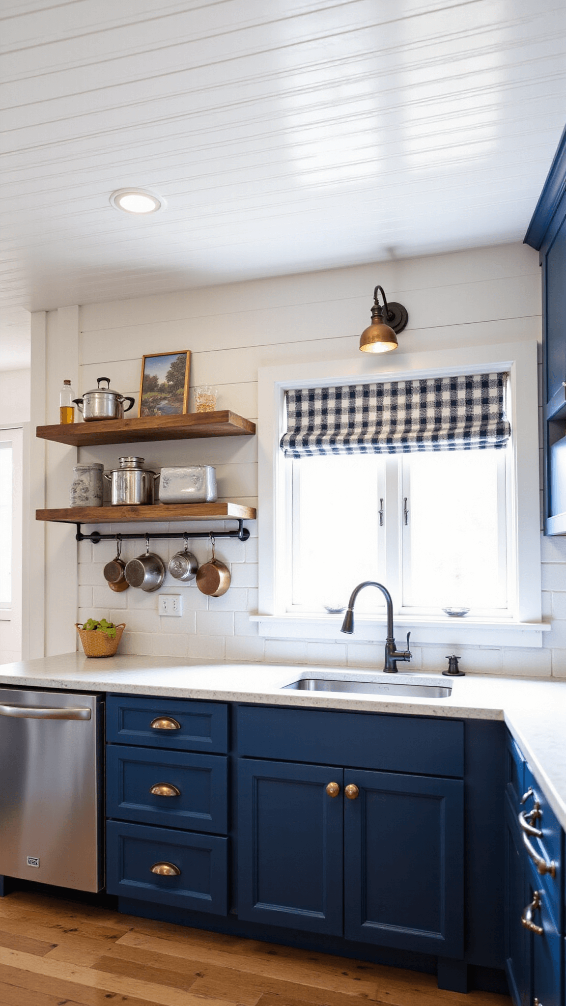 Cozy and collected 13x17ft kitchen featuring navy beadboard cabinets, soapstone counters, farmhouse sink, reclaimed wood open shelves, navy shiplap ceiling detail, buffalo check roman shade on window, and copper pots hanging from pot rack with vintage-style lighting.
