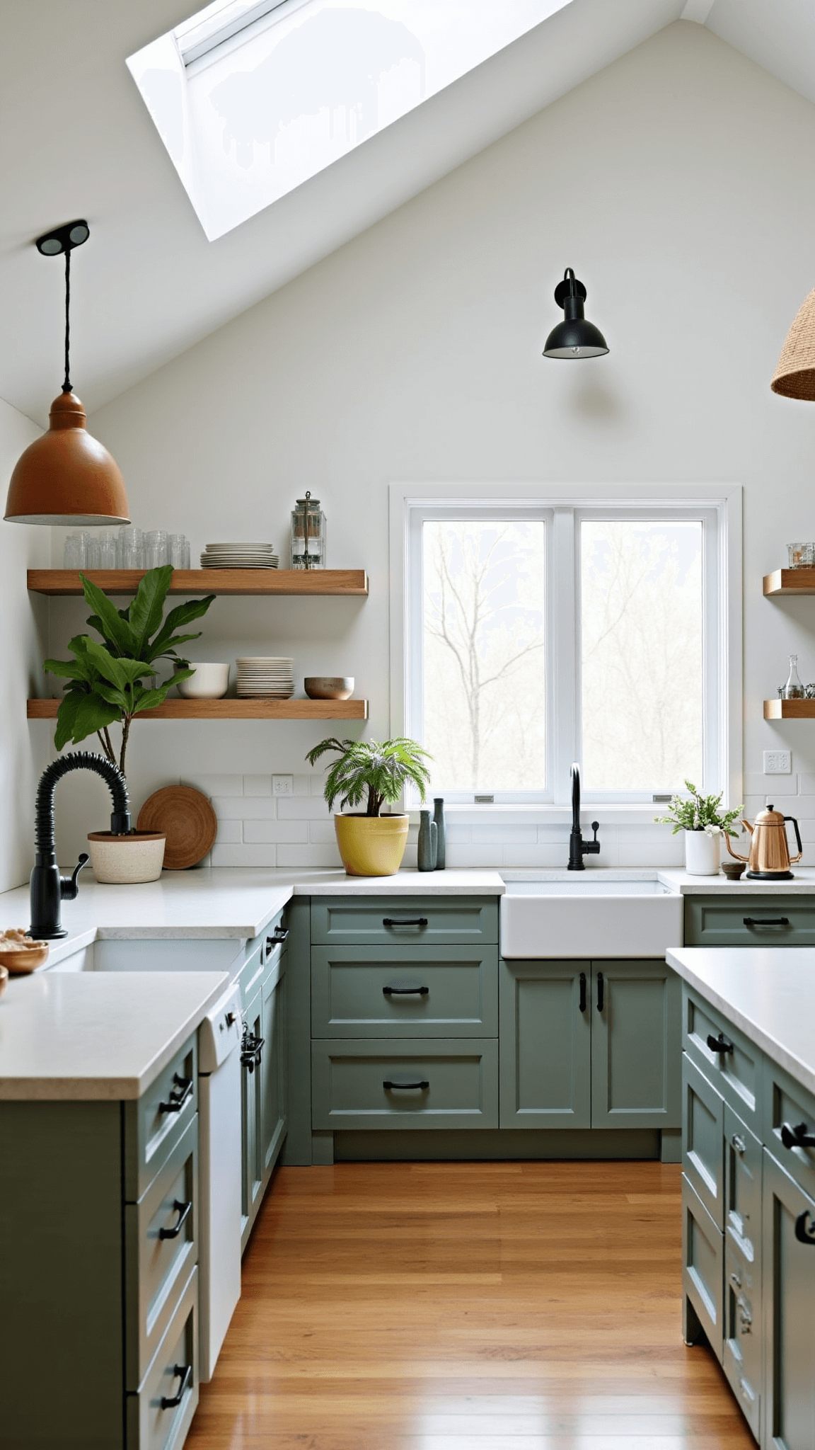 Sun-filled contemporary kitchen with vaulted ceiling and sage green cabinets, featuring concrete countertops, white oak open shelving, and woven pendant lights, styled with pottery, copper kettles and a fiddle leaf fig.