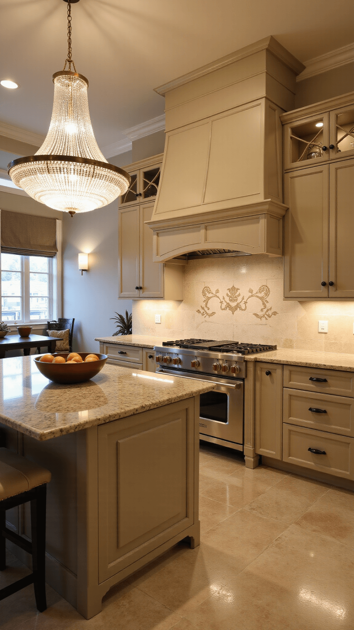 Luxury chef's kitchen with beige cabinets, travertine floors, crystal chandelier, and professional range at dusk lighting.