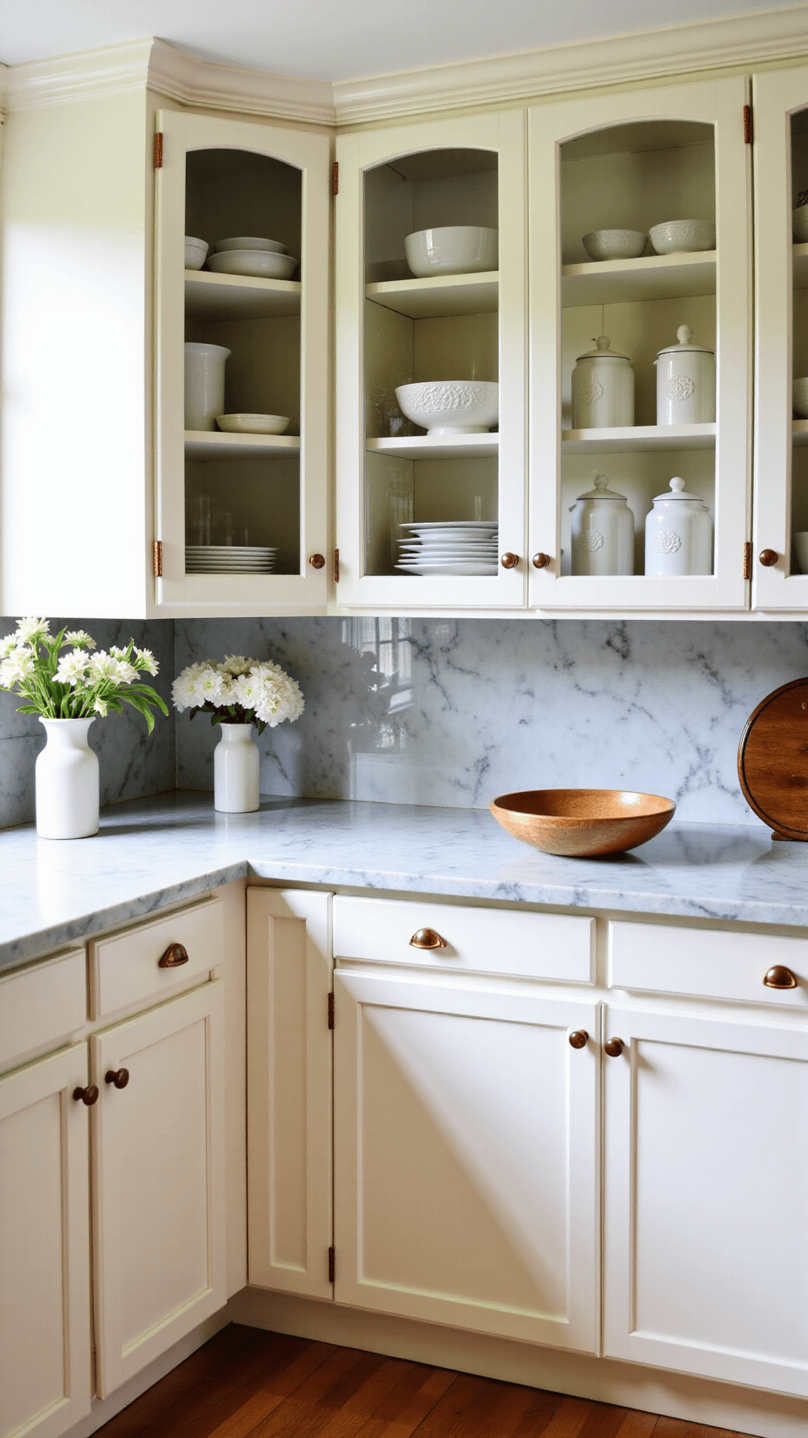 Intimate kitchen bathed in soft afternoon light showcasing cream cabinets, marble countertops, and vintage copper hardware, styled with fresh flowers and ceramics with a focus on cabinet details.