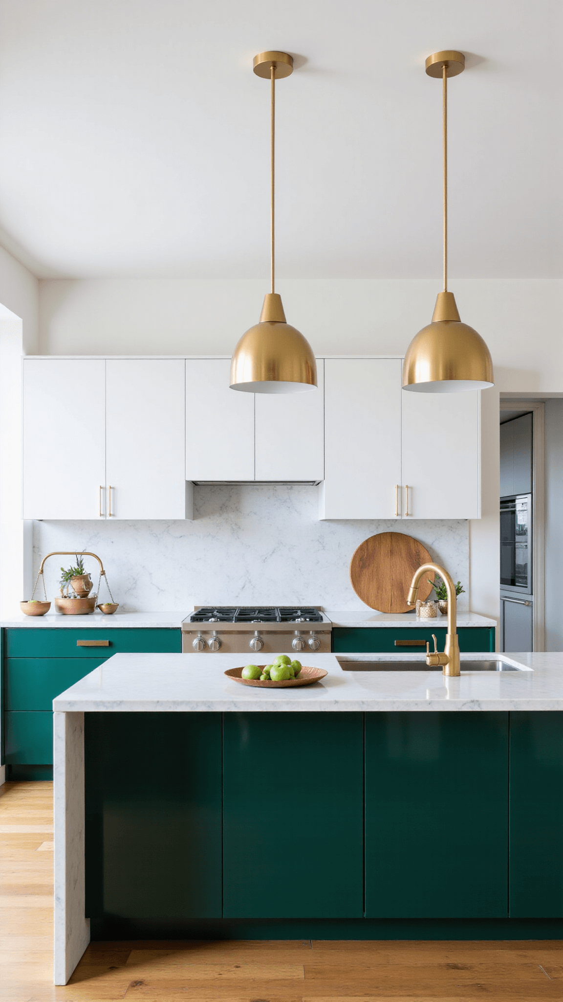 Modern two-tone kitchen with emerald green lower cabinets and white upper cabinets, featuring a quartz waterfall island and brass accents lit with mixed lighting at twilight.