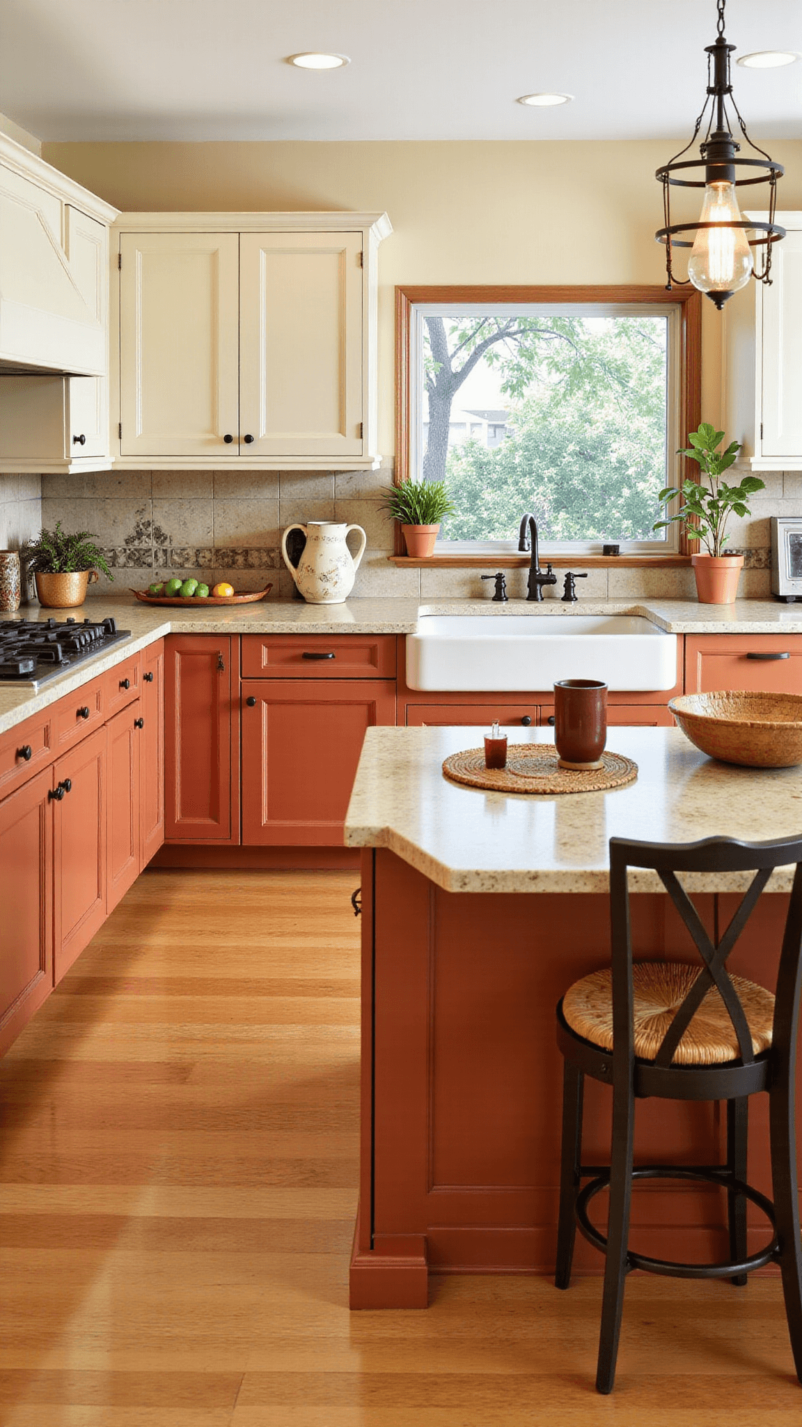Bright, Mediterranean-inspired 14x16ft kitchen at midday featuring terracotta and cream cabinets, limestone countertops, hand-painted tile backsplash, and wrought iron pendant lights, styled with ceramic pitchers, woven placemats, and potted citrus trees.