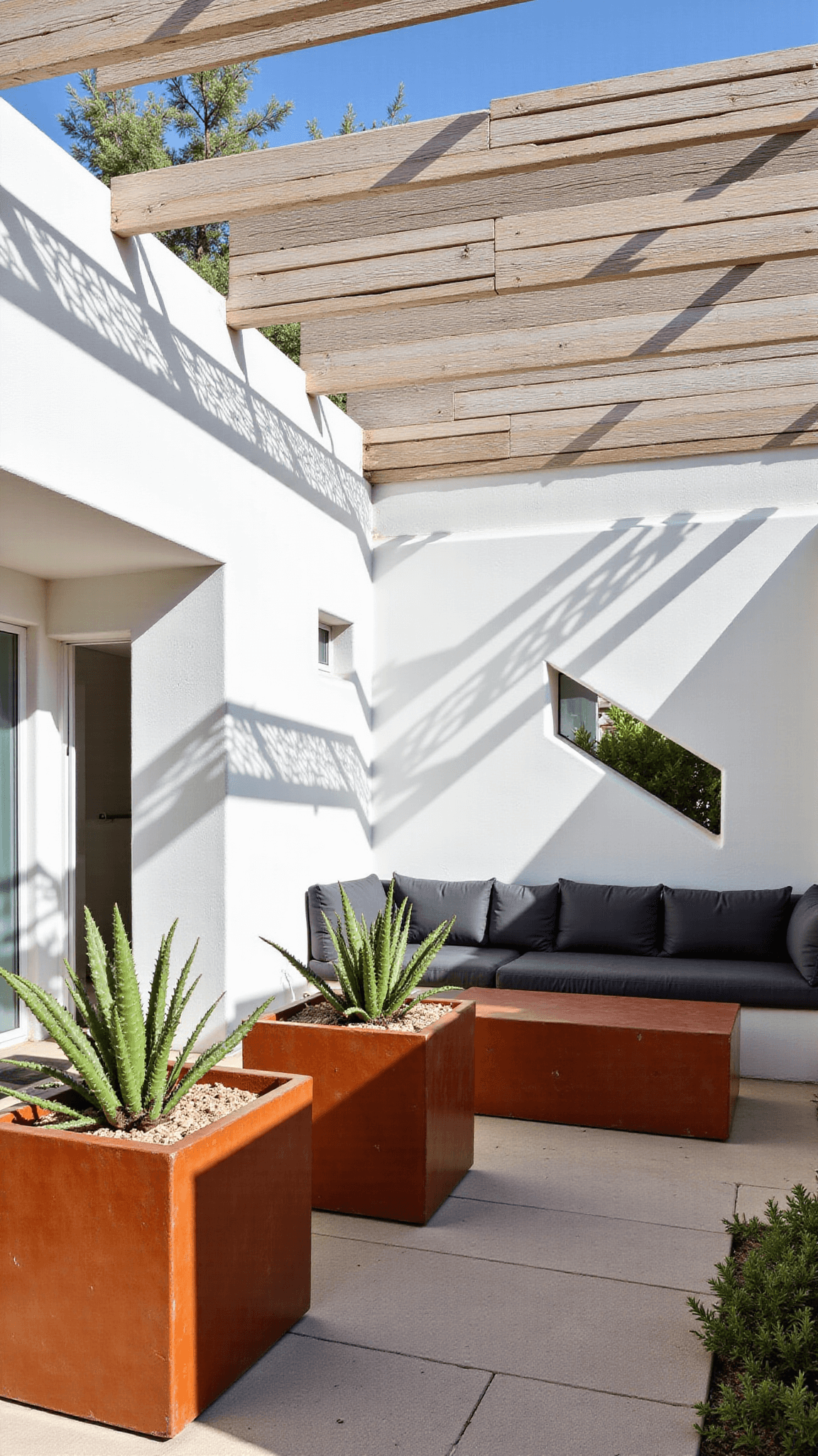 Low-angle view of a modernist desert oasis courtyard, featuring white stucco walls with geometric shadows, concrete seating, steel planters with desert plants, under a wooden pergola casting linear shadows in a palette of warm whites, rusty oranges, and sage greens.