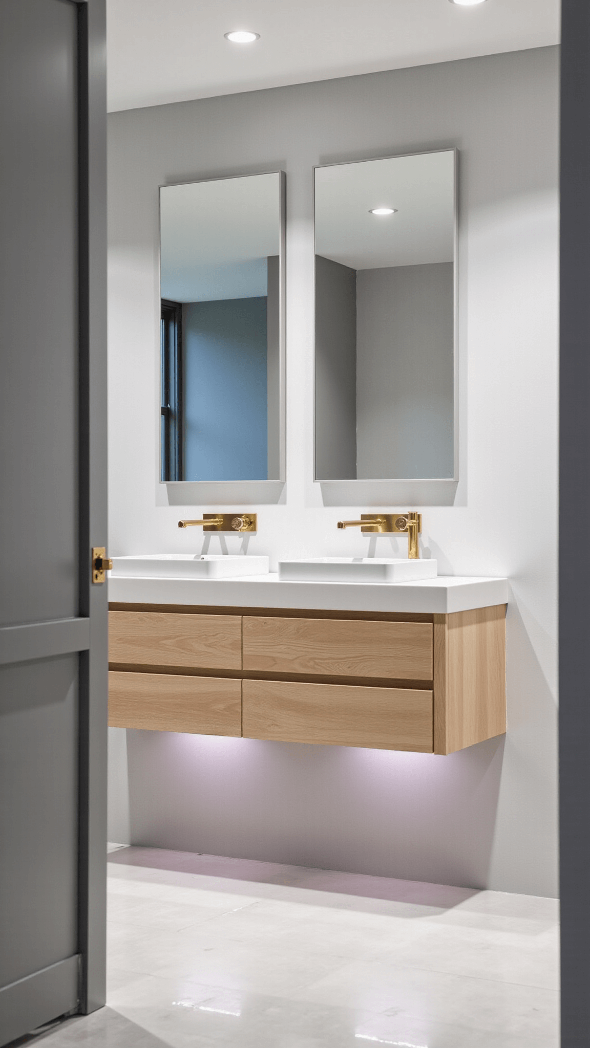 Minimalist 11x13ft floating design bathroom with wall-mounted double vanity in bleached oak, hidden LED strip lighting, floor-to-ceiling windows with privacy film, an oversized mirror with integrated lighting, and monochromatic grey porcelain tiles. The color palette comprises of warm greys, white, and subtle brass touches. The image emphasizes negative space and soft diffused lighting.