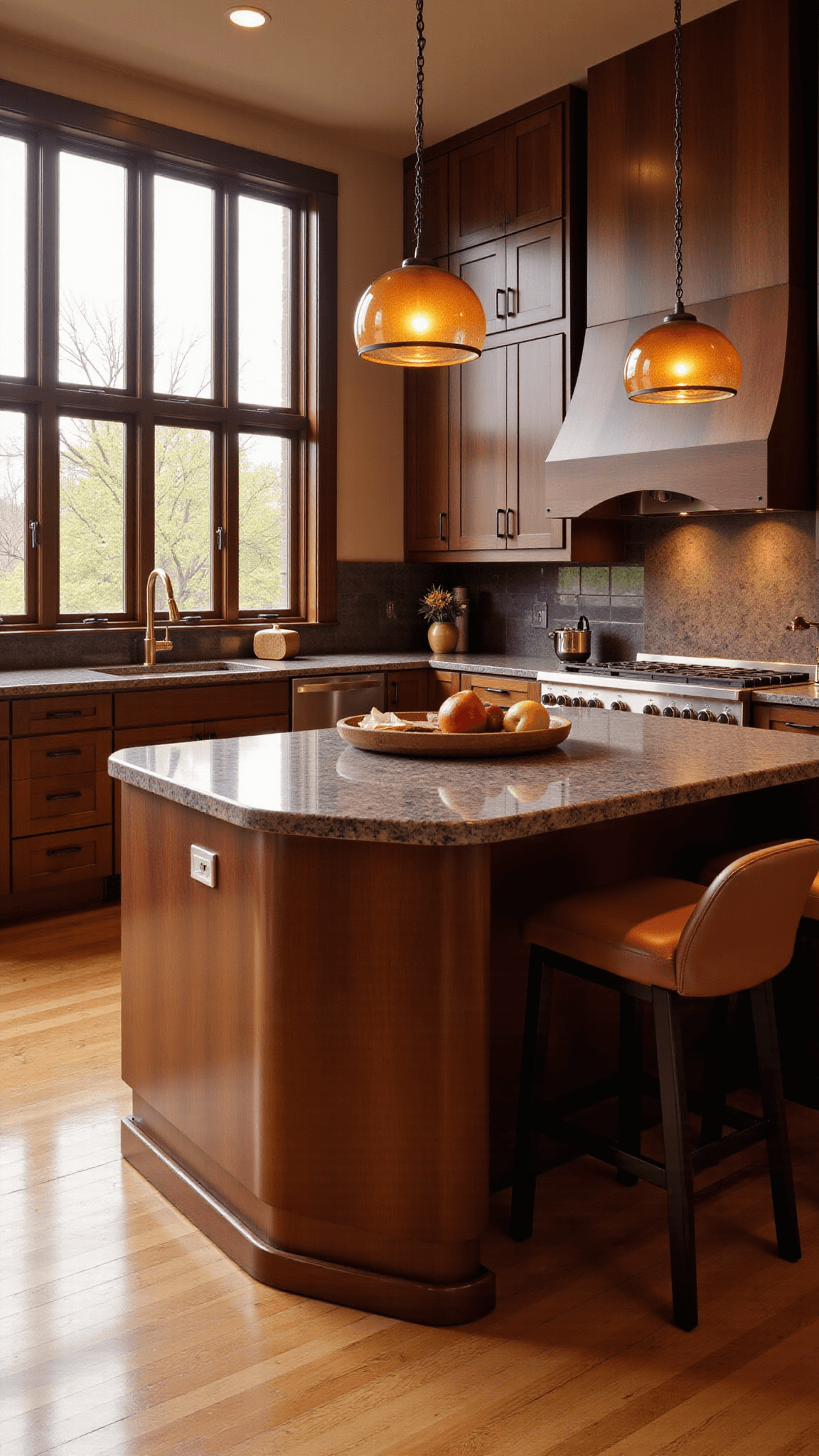 Spacious walnut kitchen bathed in golden hour light highlighting curved island, coffee-toned quartzite countertops, and brass accents