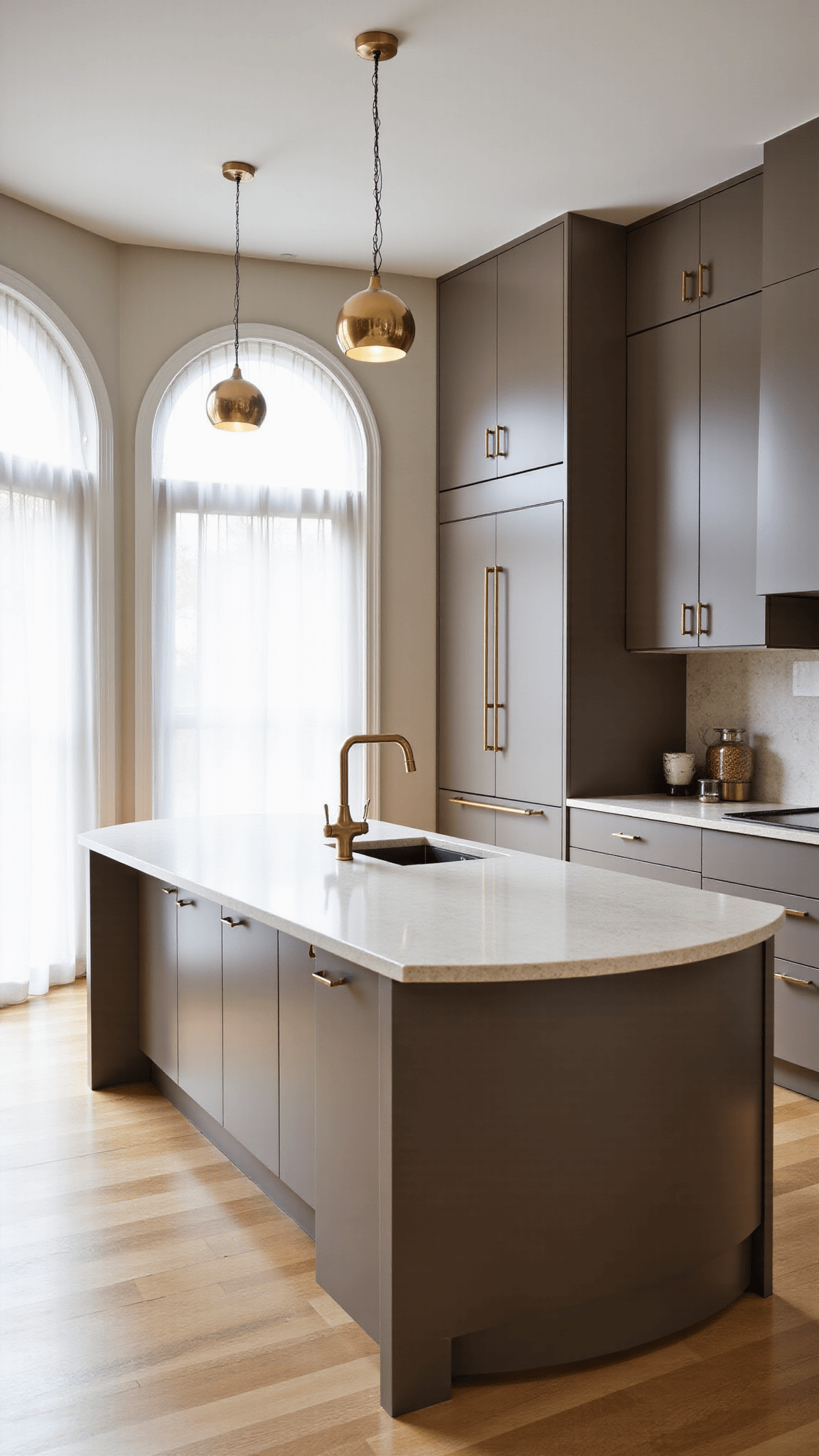 Contemporary kitchen with cream limestone island, taupe cabinets, brass handles, globe pendant lights, and sheer linen curtains. Shot from an elevated angle with a wide-angle lens.