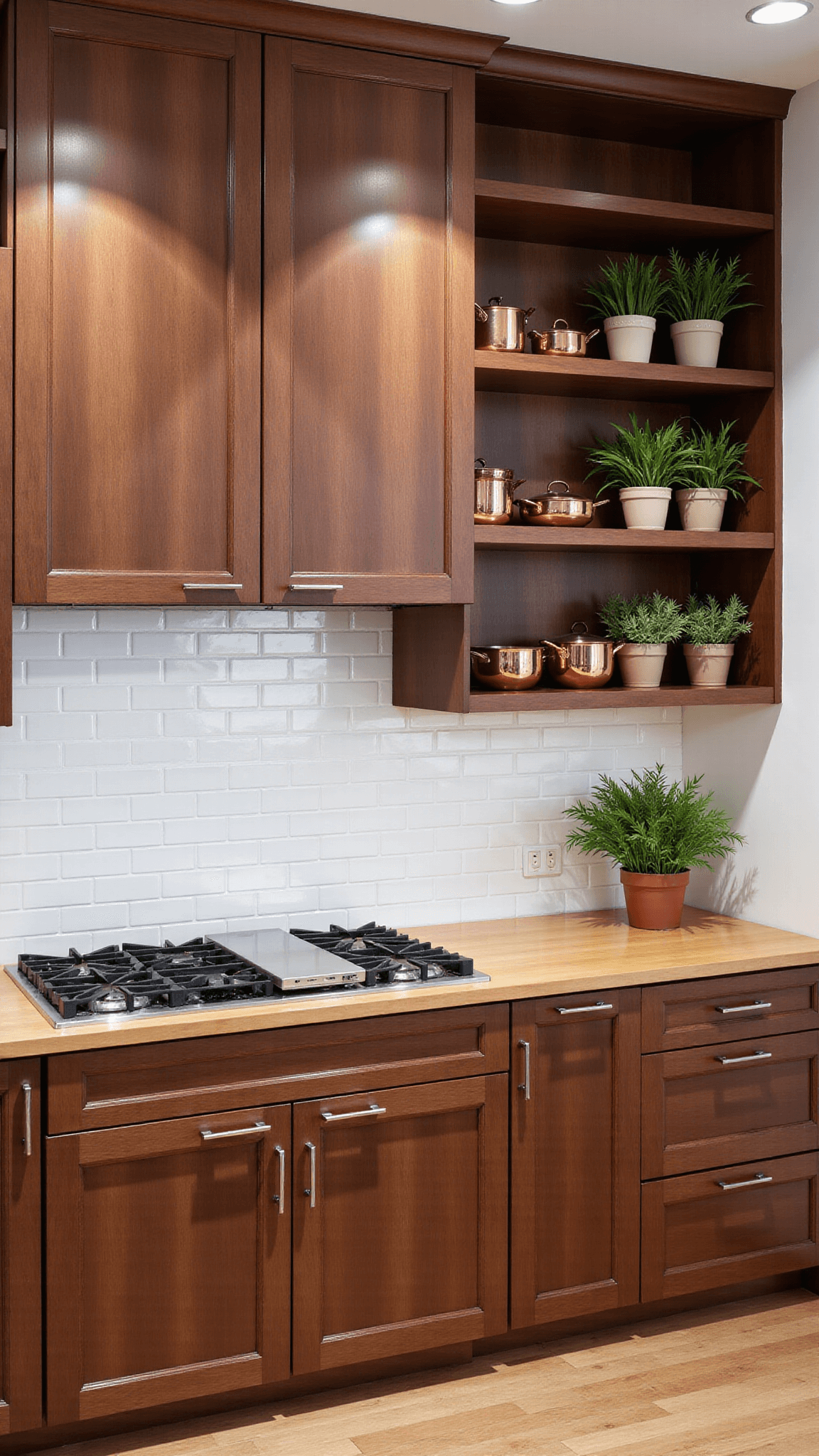 Overhead view of a professional chef's 12x8ft walnut prep station with matching upper cabinets, illuminated by pendant lights, showcasing copper cookware on open shelving against a white subway tile backsplash with dark grout, accented with fresh herbs in earthenware pots.