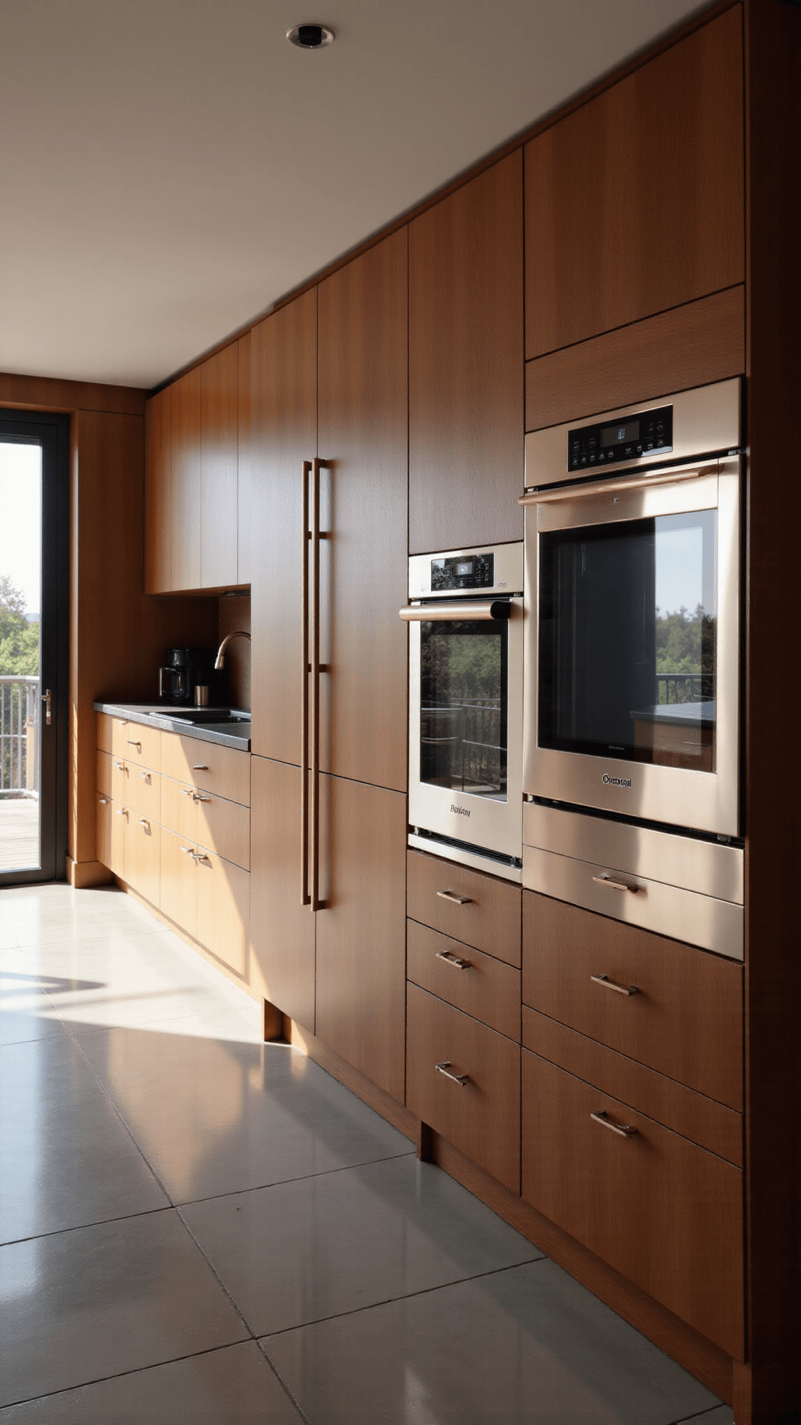 Smart Kitchen Sanctuary with concealed appliances behind sleek wood panels, touch-activated drawers, integrated screens and charging stations, in the afternoon sun creating dramatic shadows with minimalist pendant lights.