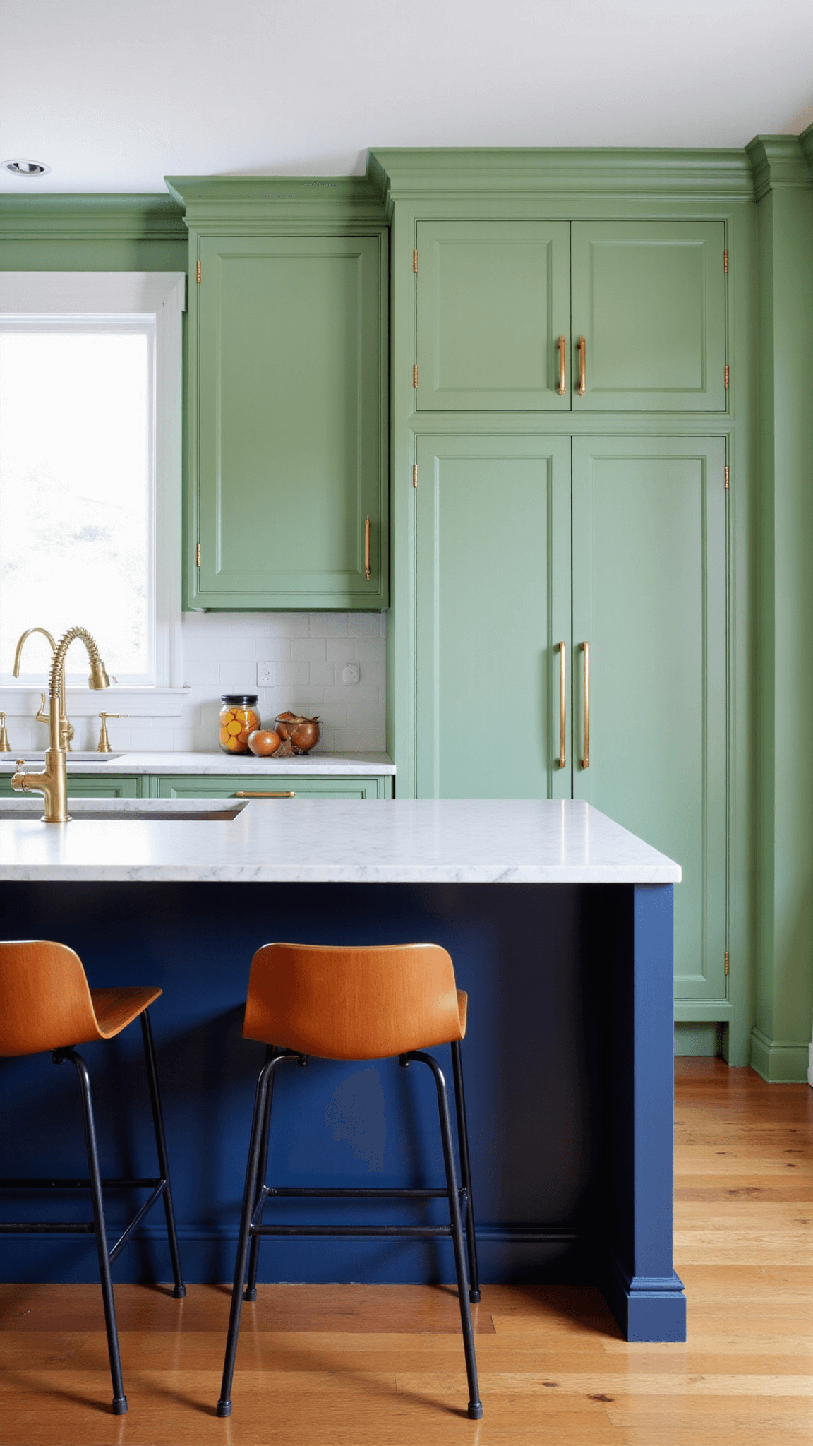 Sage green kitchen with navy blue island, white marble top, brass fixtures, and mid-century modern bar stools under soft fill lighting