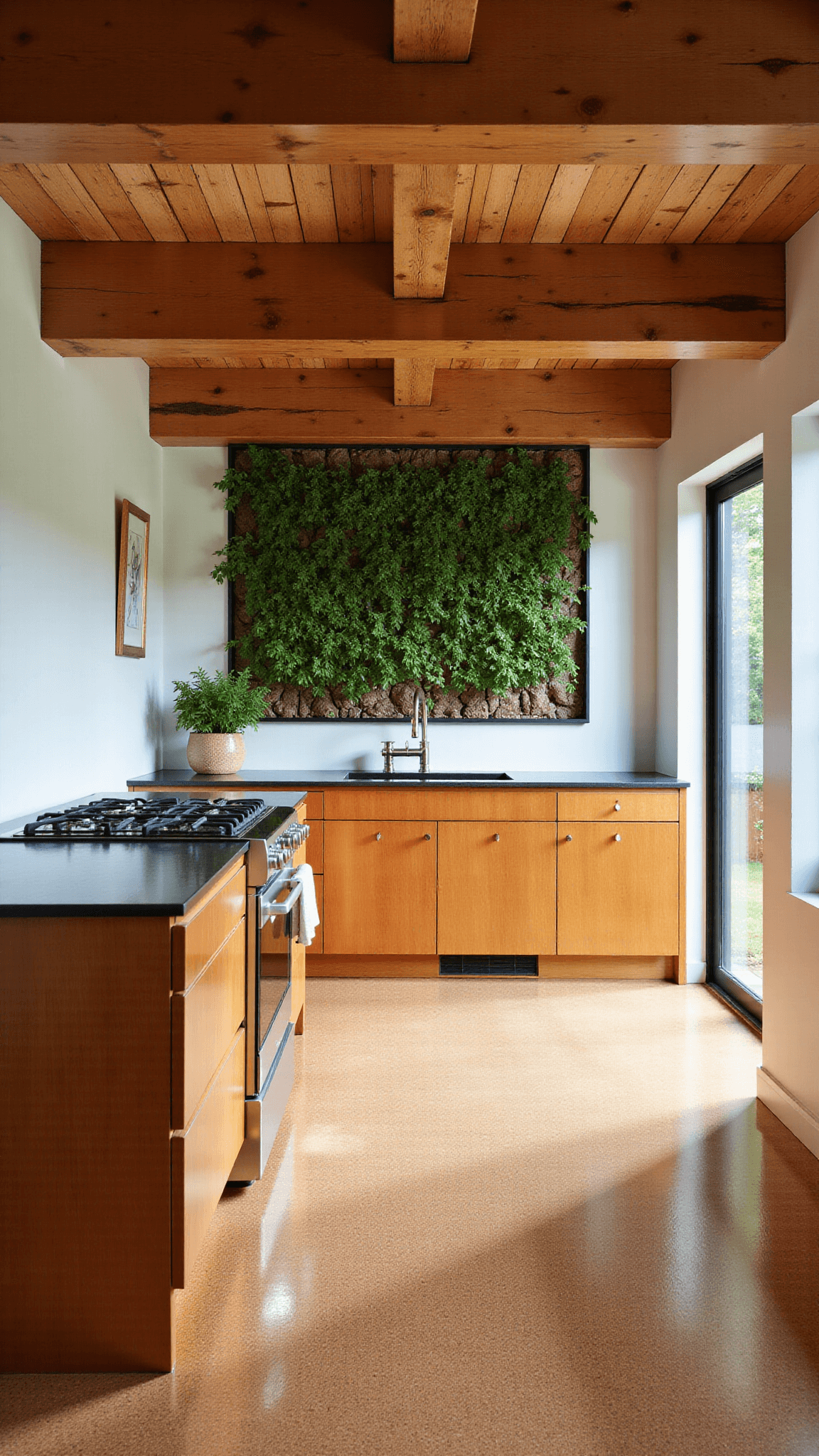 Sustainable kitchen design with reclaimed wood beams, bamboo cabinets, recycled glass countertops, and living herb wall, highlighted by filtered morning light