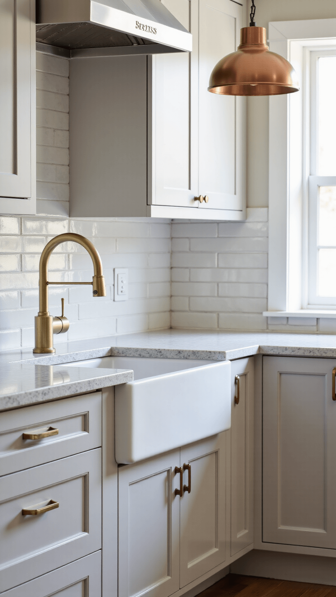 Stylish 15x18ft kitchen featuring neutral greige cabinets accentuated by unlacquered brass handles, brushed nickel faucets, and copper pendant lights under warm afternoon light